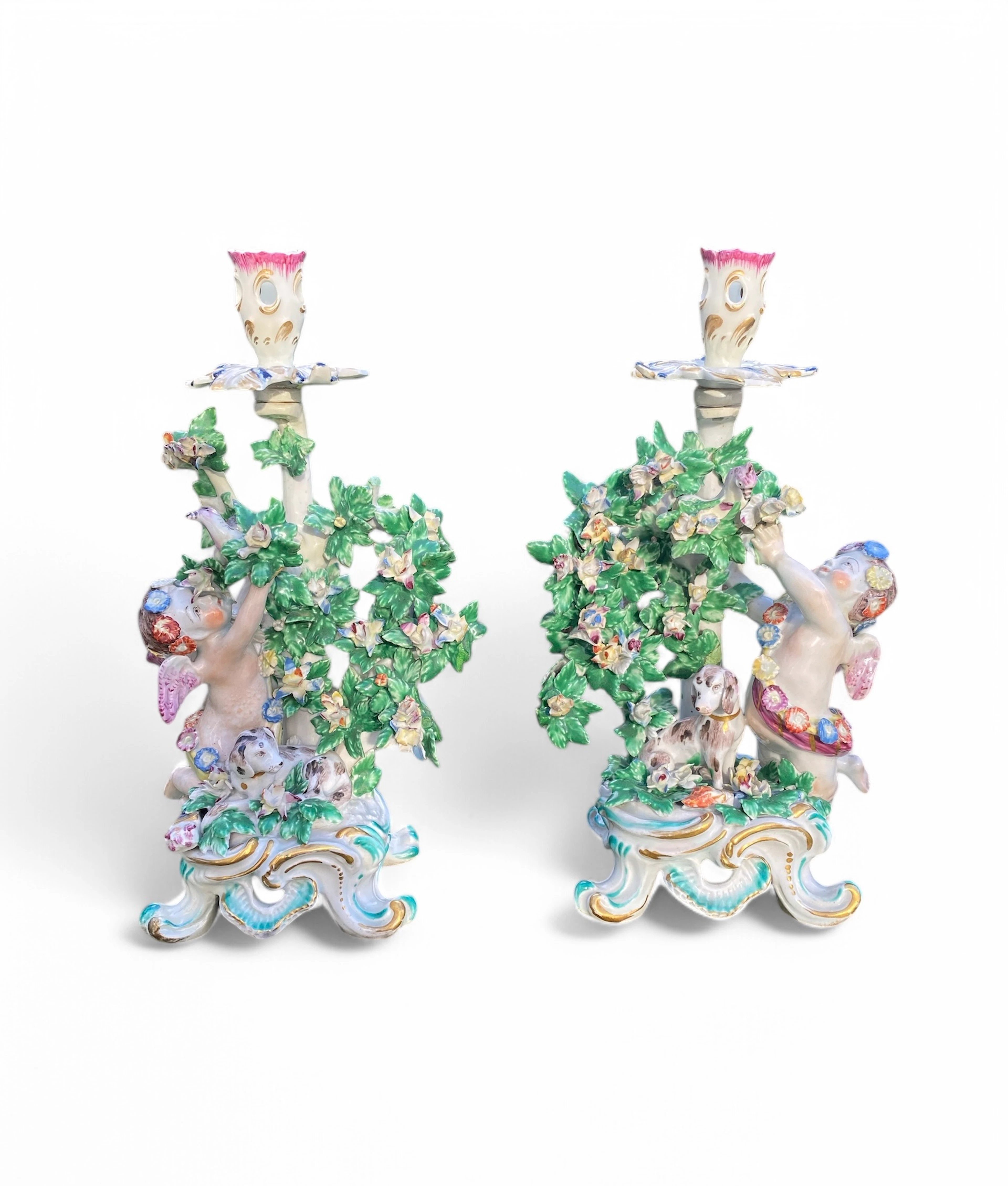 Pair of Bow porcelain bocage candlesticks, c. 1765.