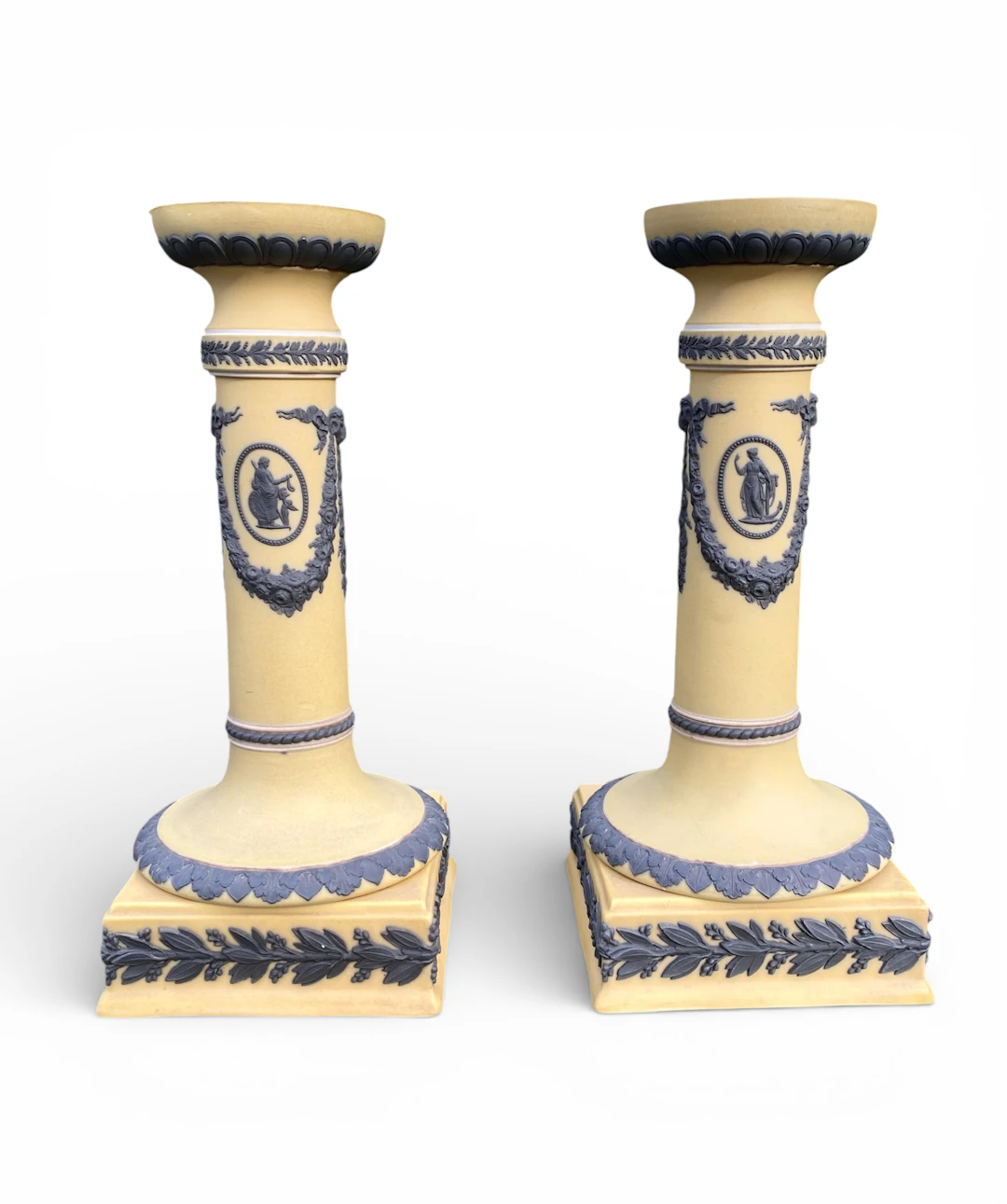 Rare pair Wedgwood yellow jasper, three colour candlesticks, c. 1900.