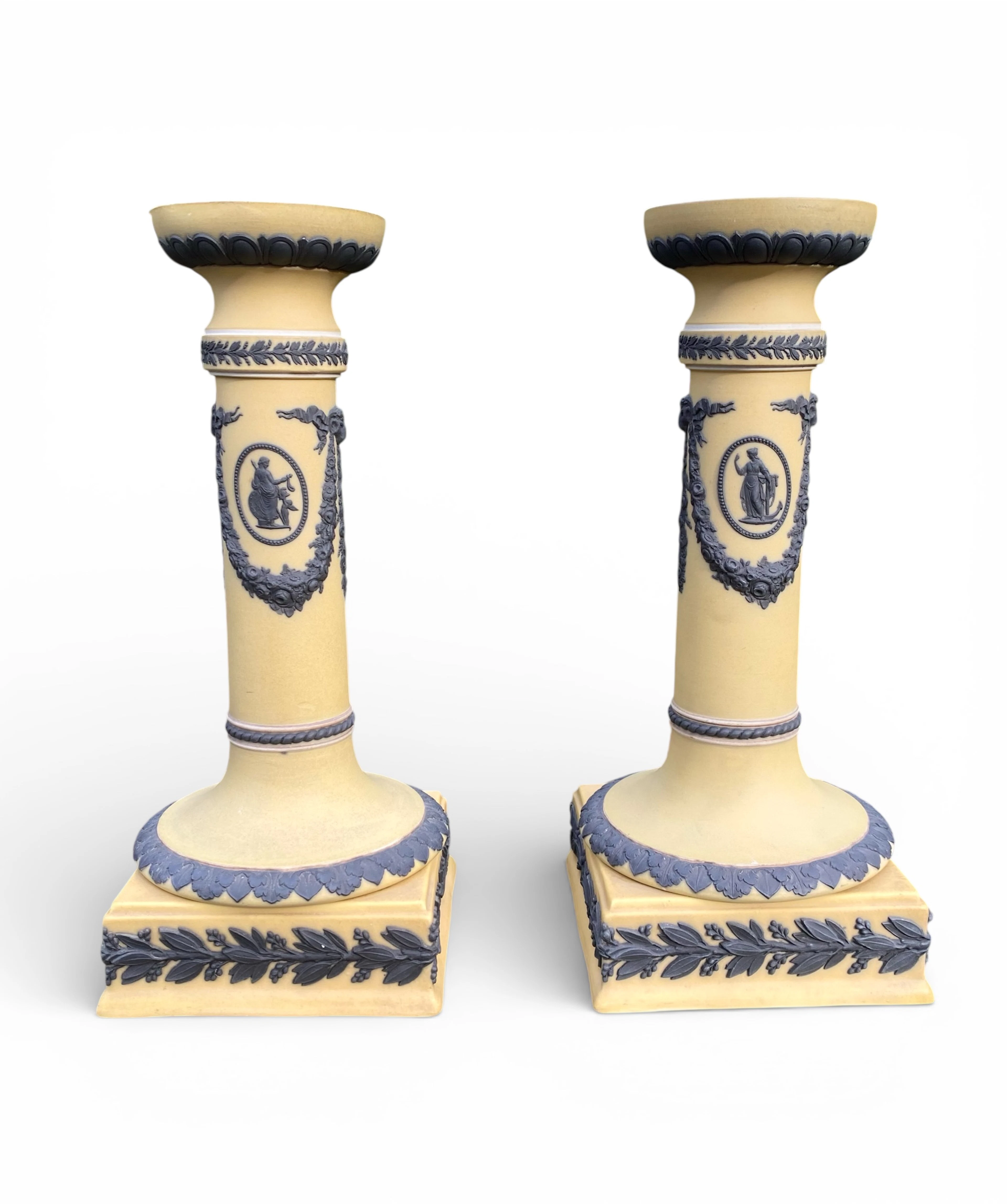 Rare pair Wedgwood yellow jasper, three colour candlesticks, c. 1900.