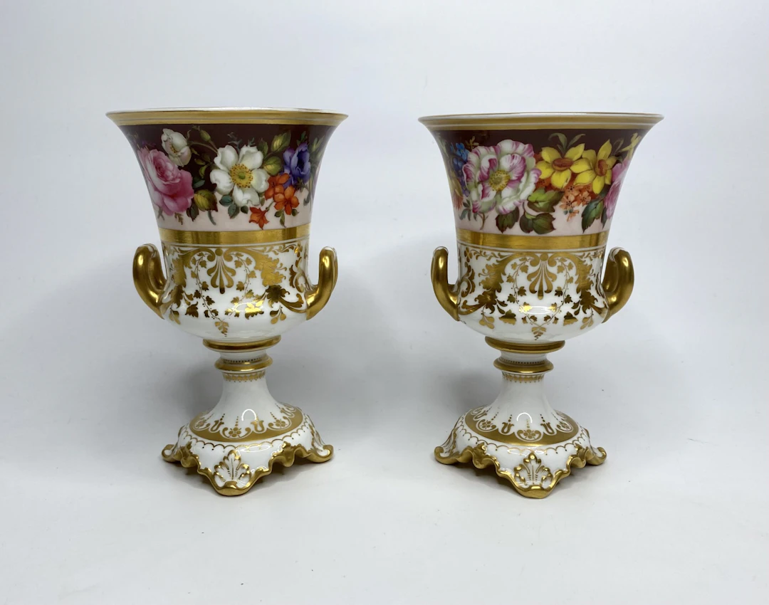 Royal Crown Derby urns, Flowers, Albert Gregory, d. 1900.