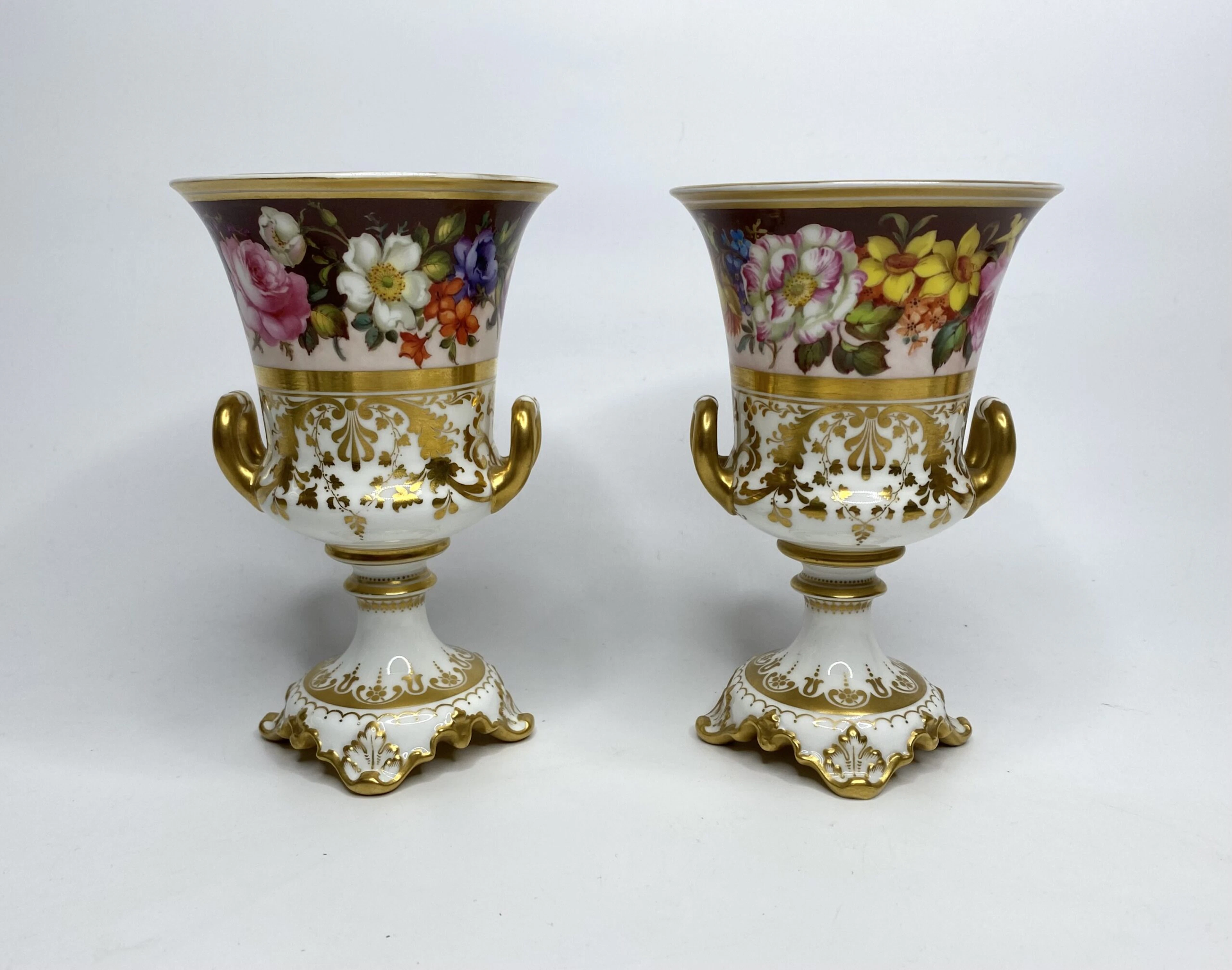 Royal Crown Derby urns, Flowers, Albert Gregory, d. 1900.