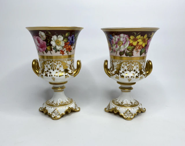 Royal Crown Derby urns, Flowers, Albert Gregory, d. 1900.