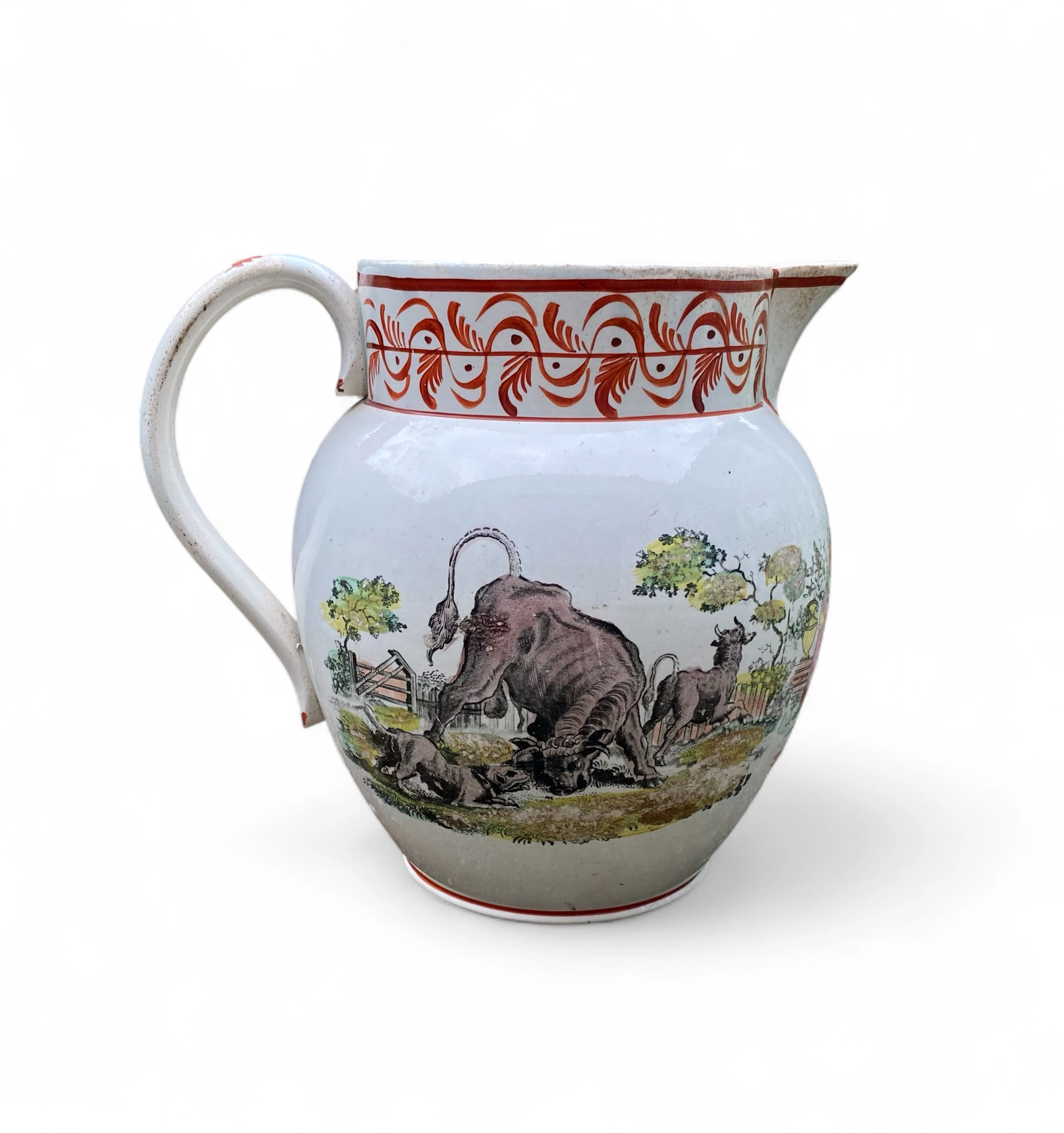 Staffordshire Bull Baiting pearlware jug, c. 1810.