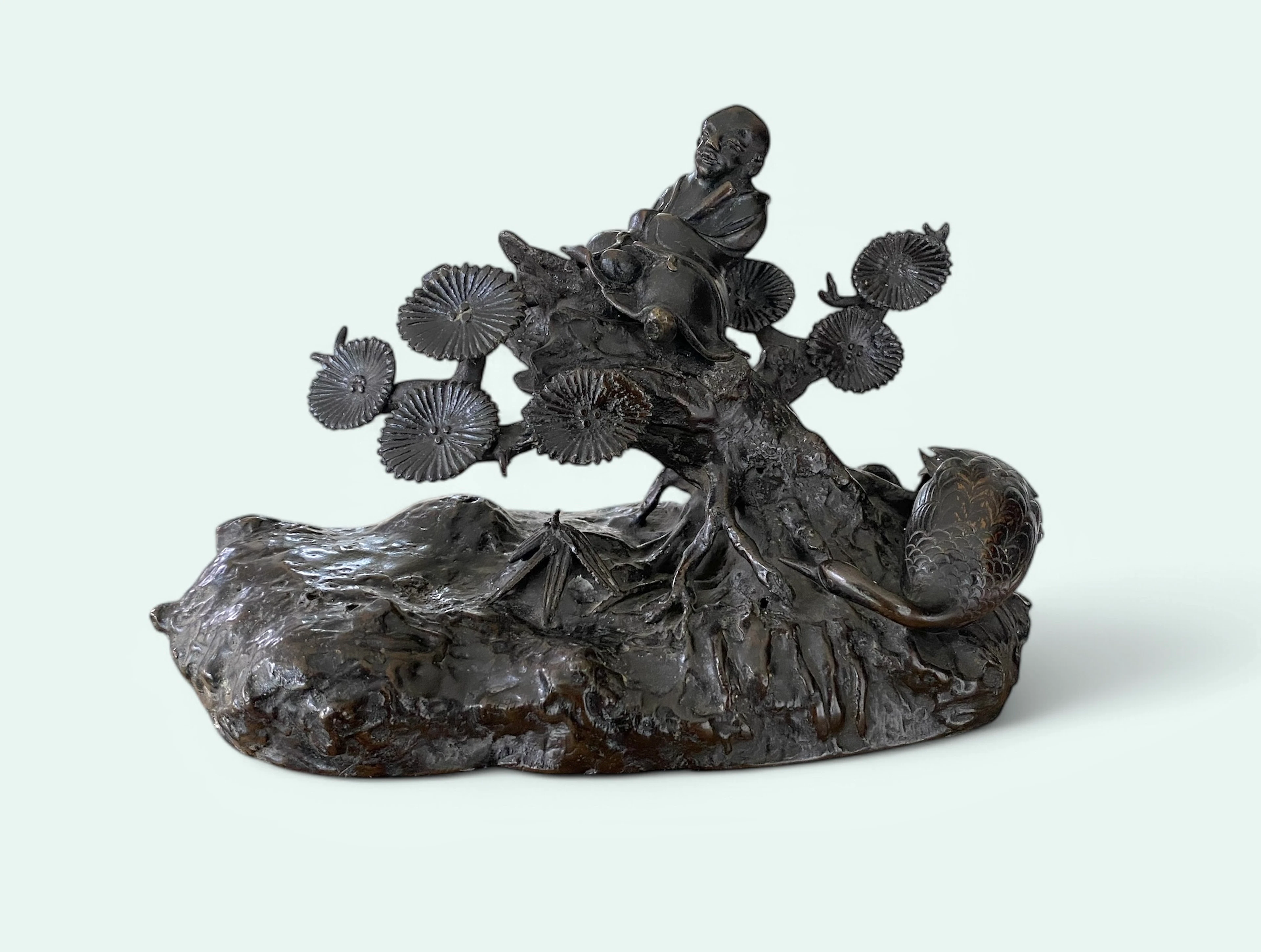 Japanese bronze okimono Kangai with a crane, Edo Period.