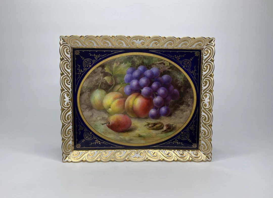 Royal Worcester porcelain tray. Fruit, Richard Sebright, dated 1908.