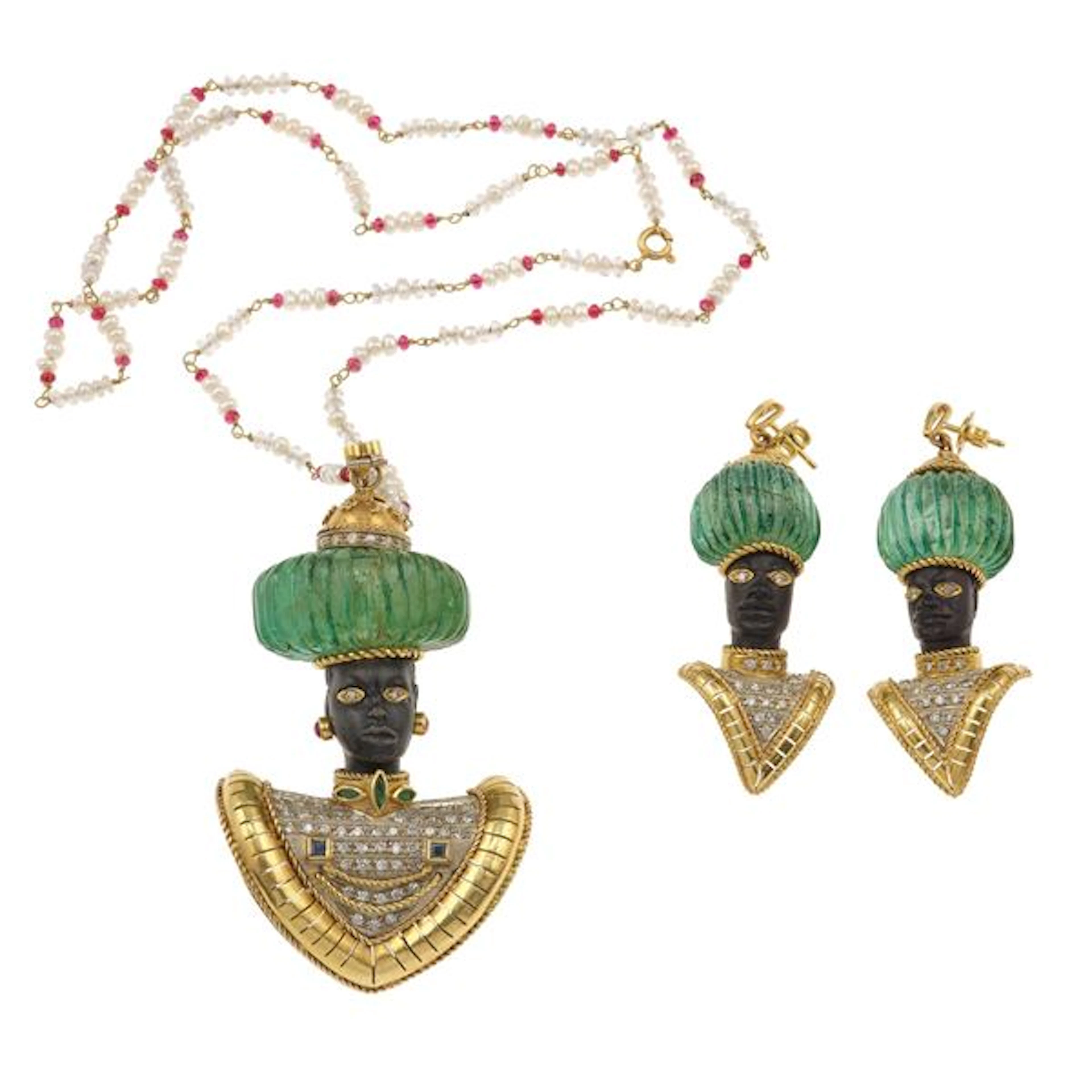 Emerald, diamond, sapphire and gold demi-parure