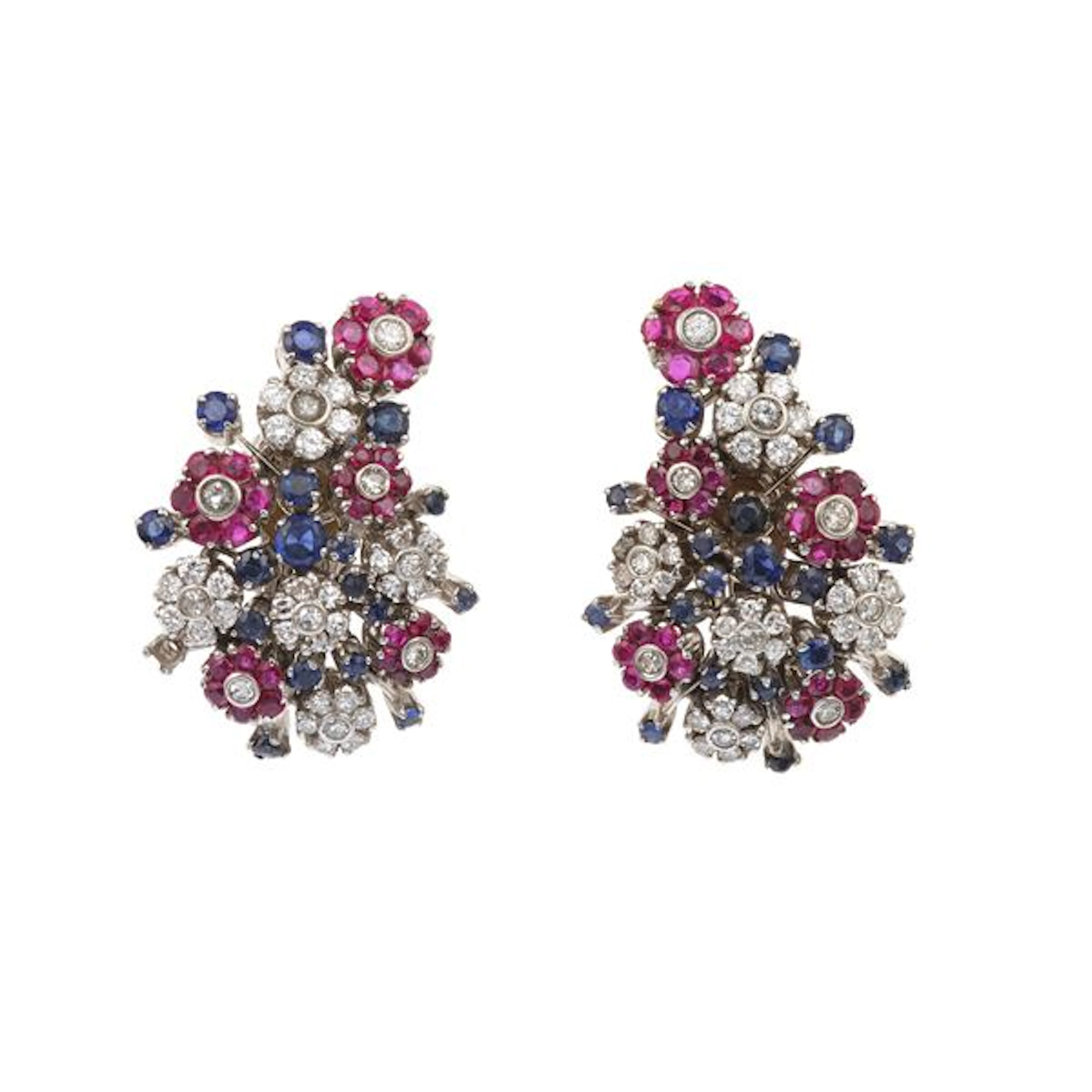 Pair of diamond, sapphire, ruby and gold earrings