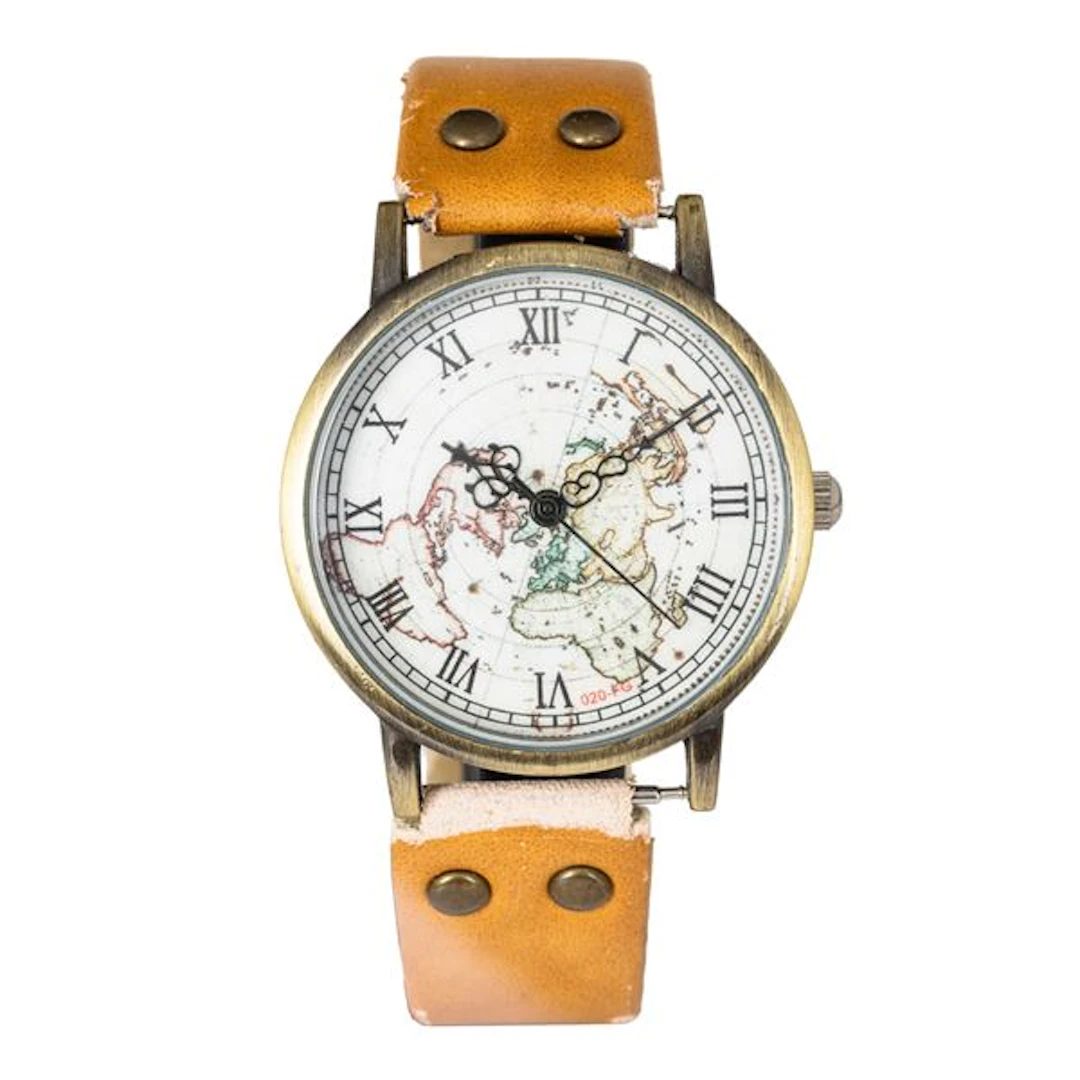 Orologio in metallo, quadrante decorato con mappa geografica, movimento