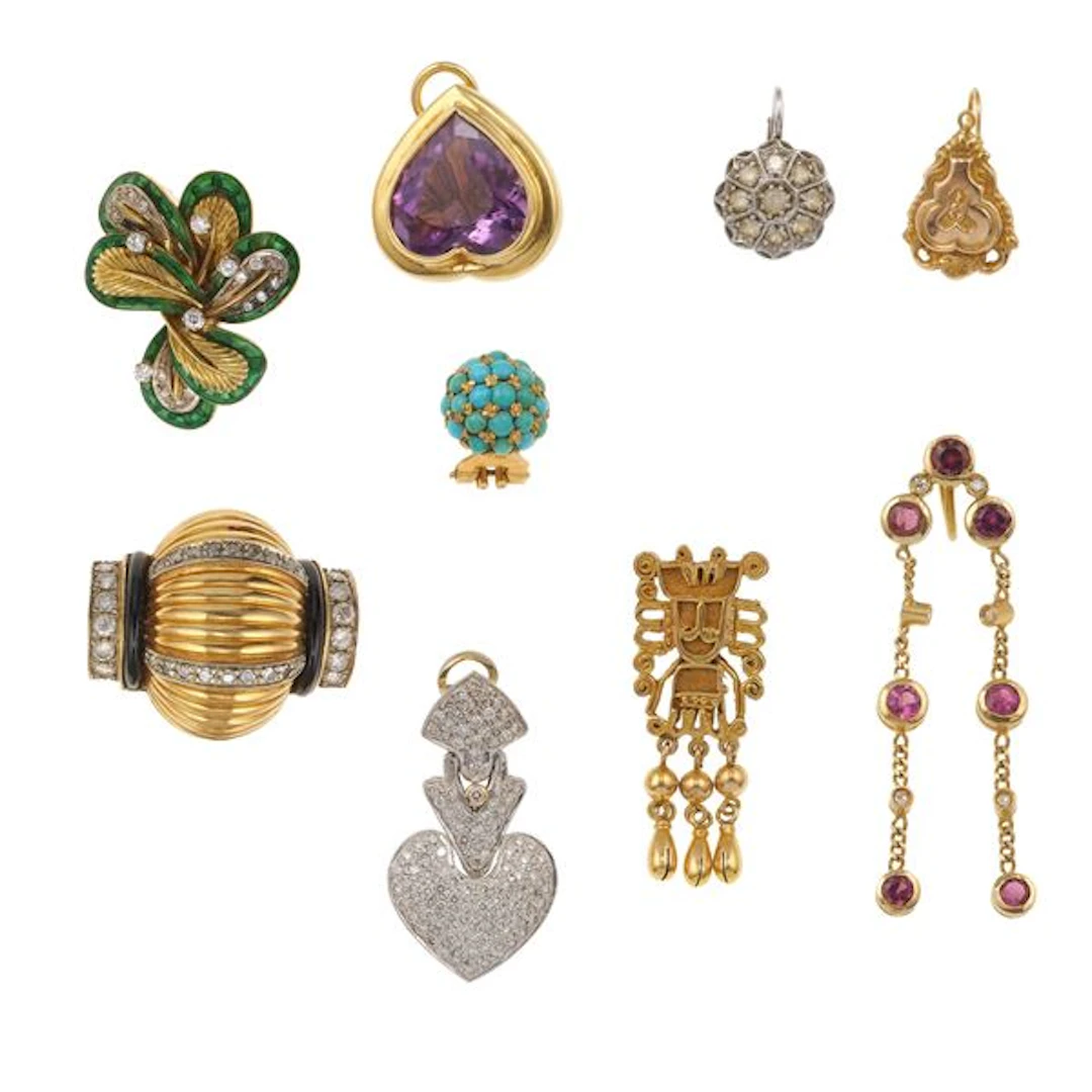 Nine gold, low-karat gold, enamel and gemstones earrings