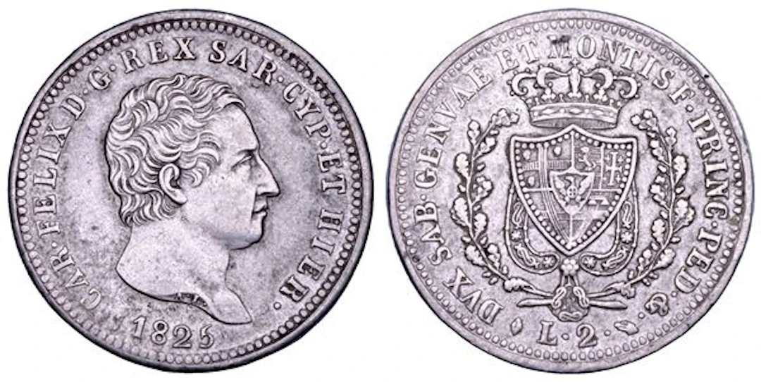 REGNO DI SARDEGNA. CARLO FELICE DI SAVOIA, 1821-1831. 2 Lire 1825. Torino.