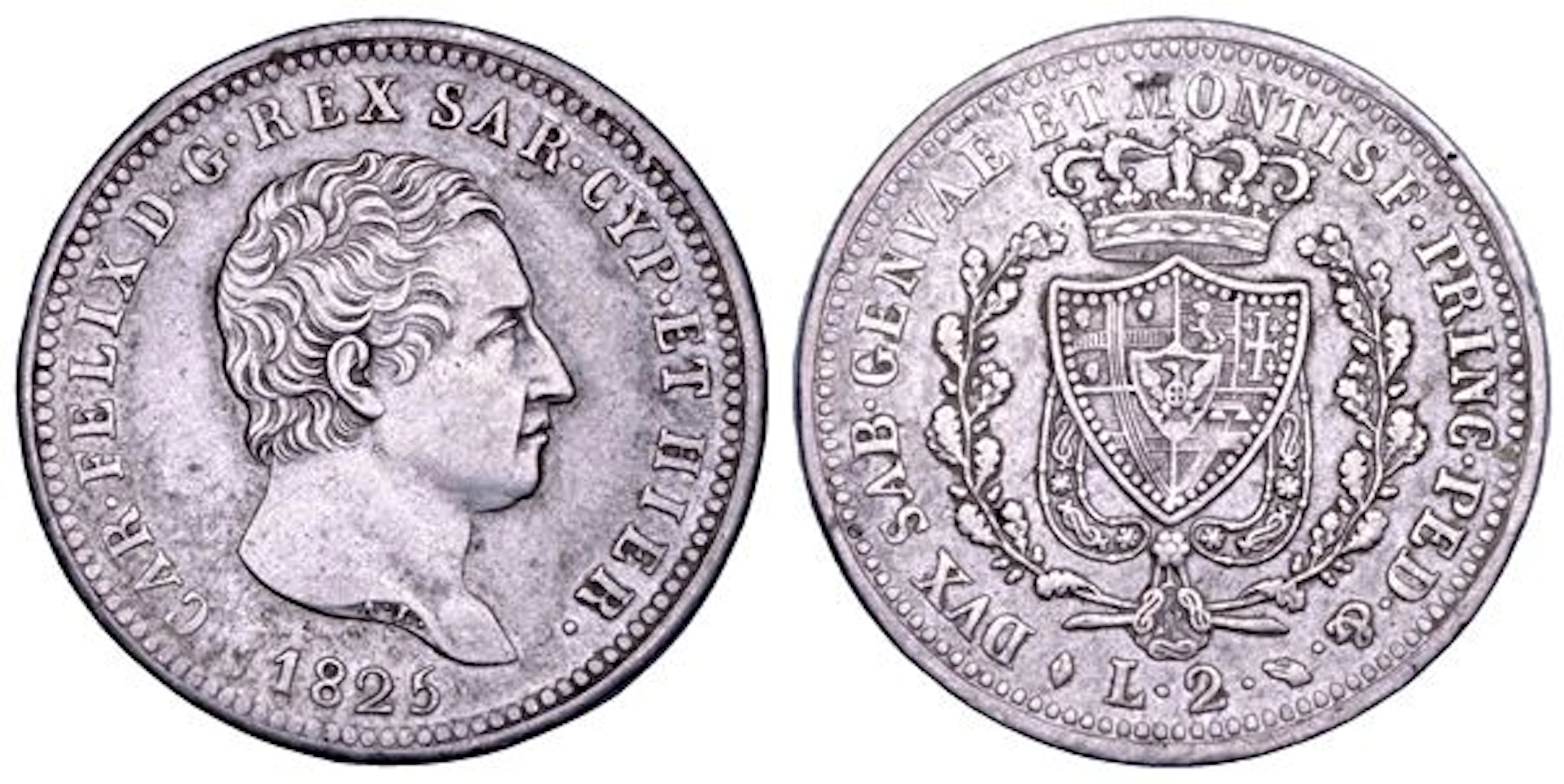 REGNO DI SARDEGNA. CARLO FELICE DI SAVOIA, 1821-1831. 2 Lire 1825. Torino.