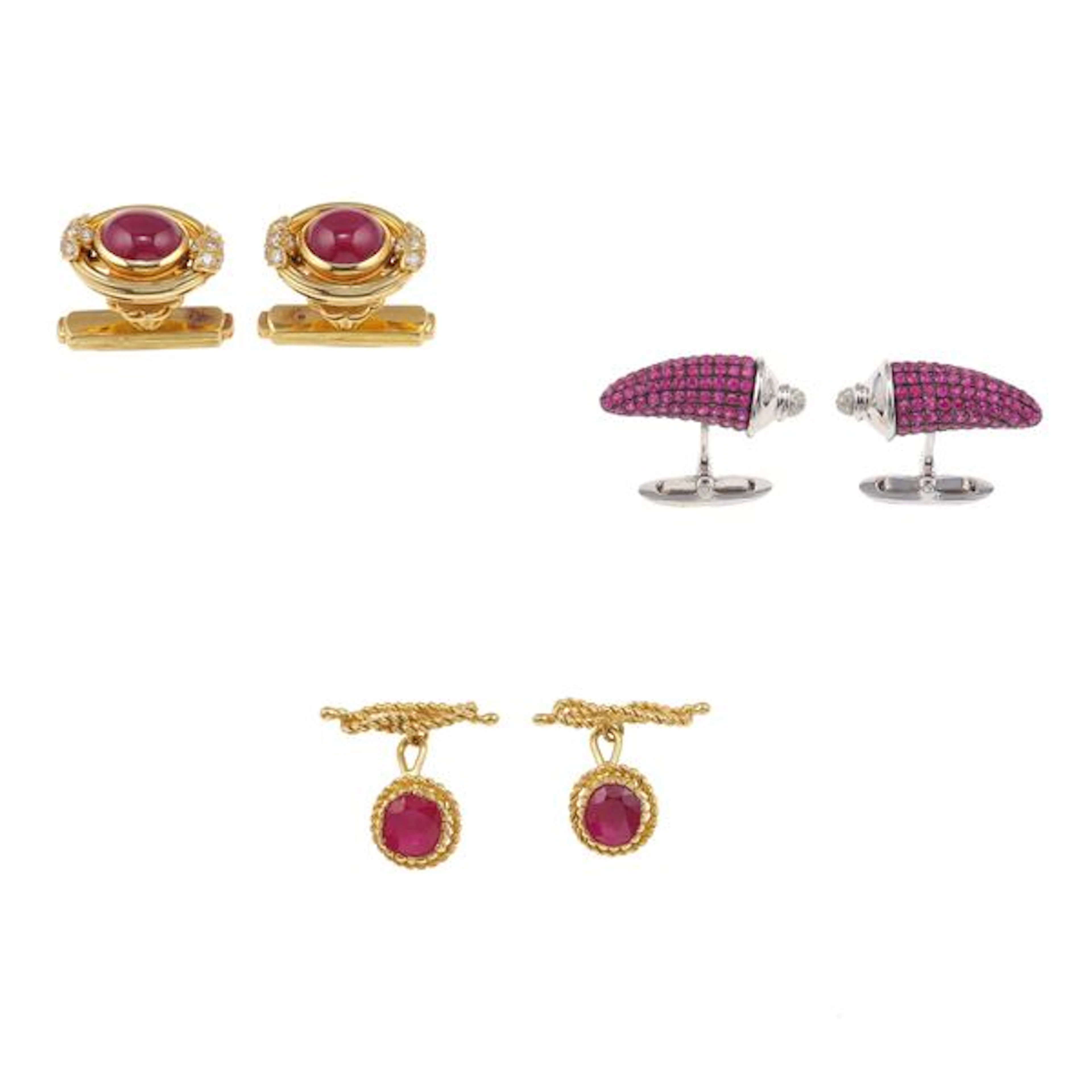 Three pairs of gold and ruby cufflinks, one pair with A. Reza maker's mark