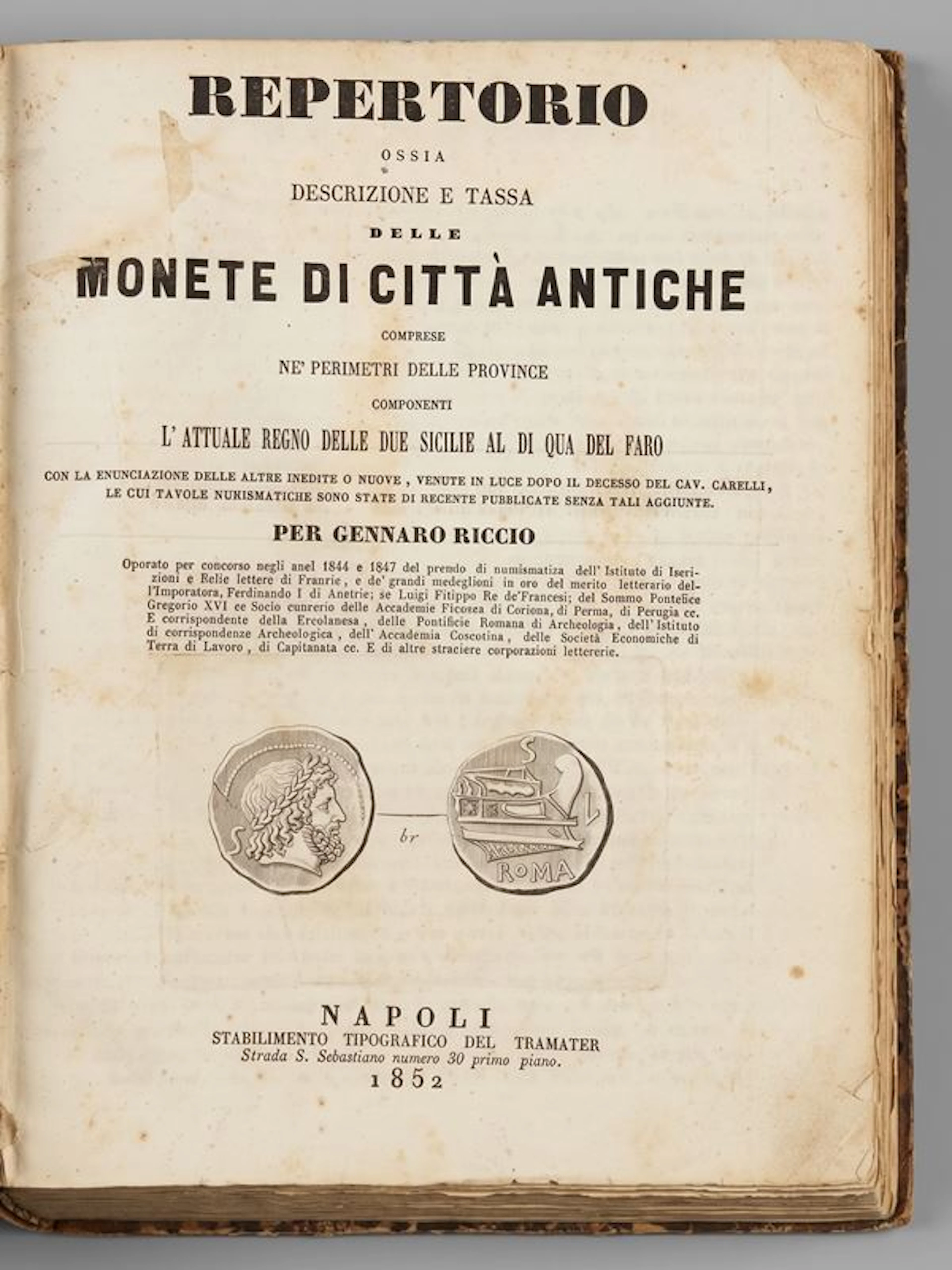 RICCIO G. Repertorio ossia descrizione e tassa delle monete di cittÃ