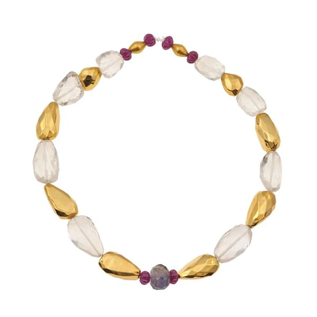 Rock crystal, carved ruby, iolite and gold necklace