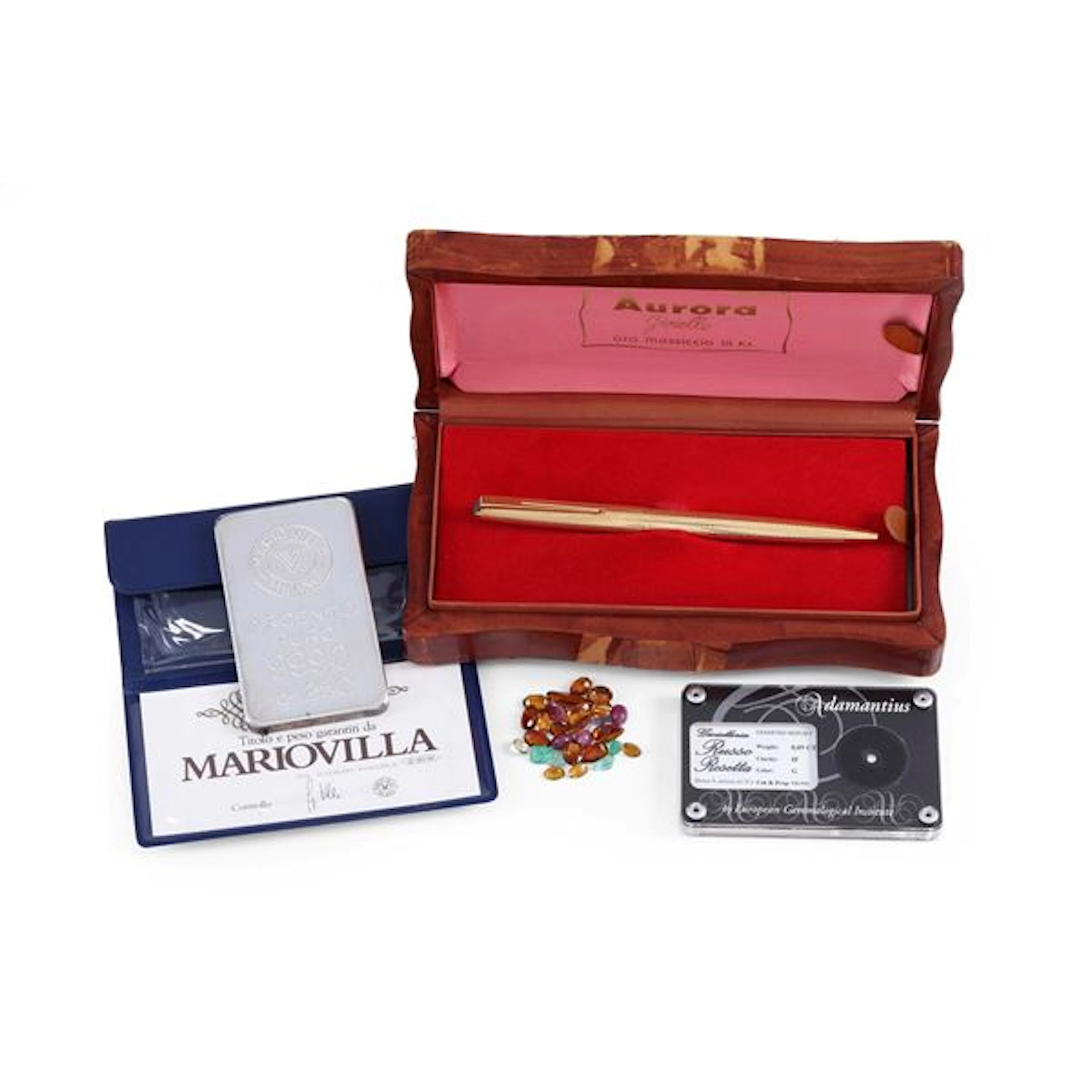 Lotto composto da penna Aurora in oro, piccolo diamante da 0,09 ct