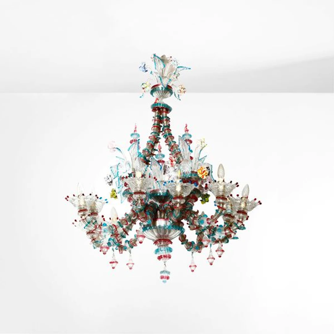 Lampadario in vetro soffiato trasparente e policromo. Murano, prima