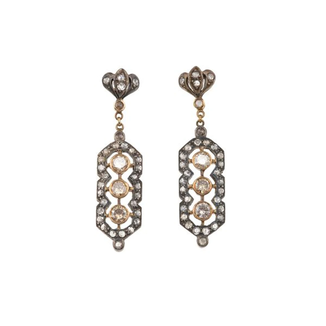 Pair of diamond, gold and silver earrings