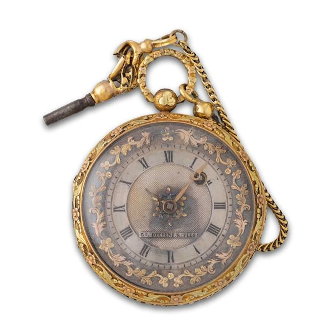 Orologio da tasca in oro 14k con cassa decorata, quadrante argentè