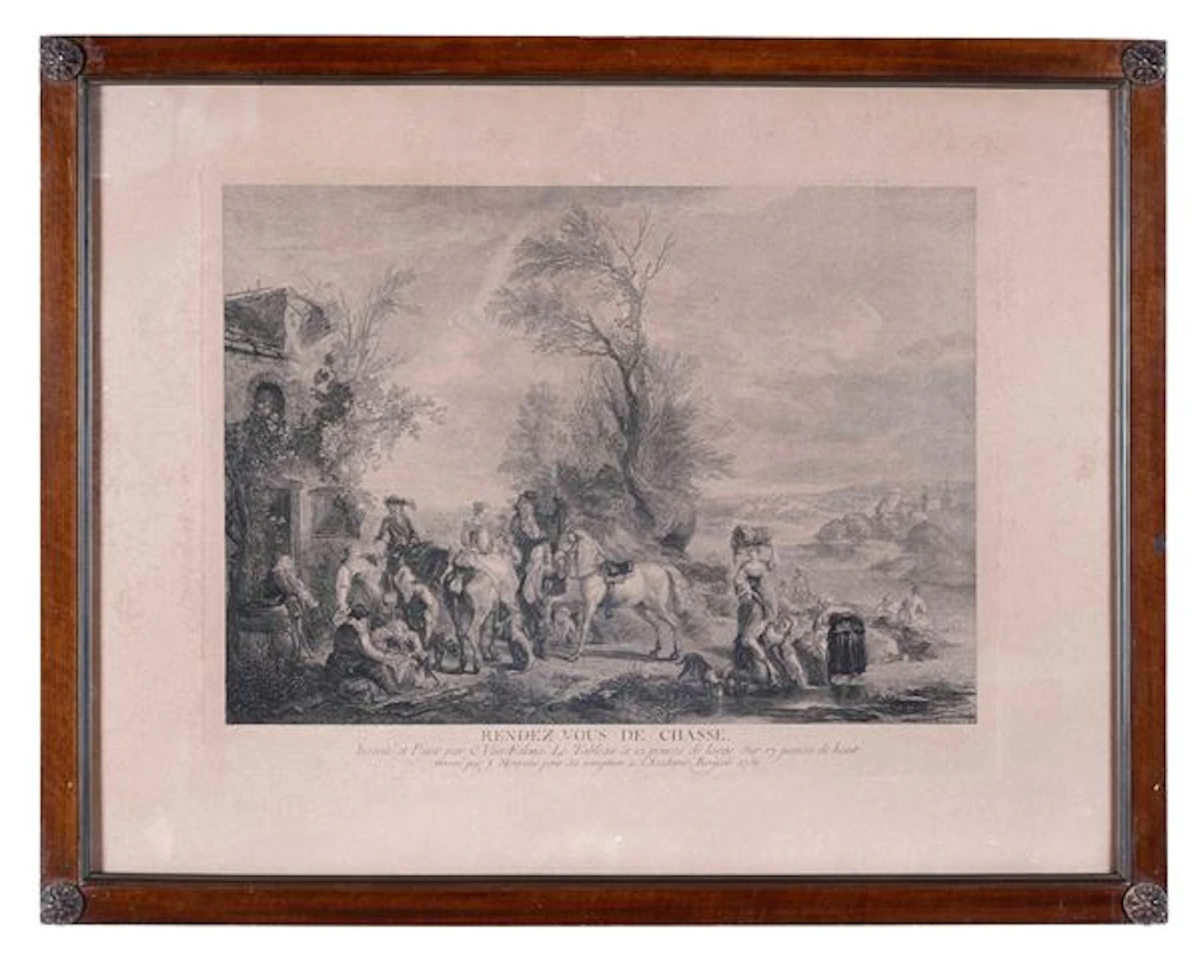 Incisione. Rendez vous de chasse, Francia, XIX secolo