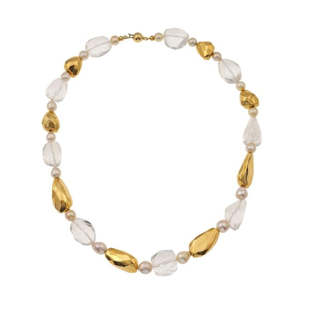 Rock crystal, cultured pearl and gold necklace