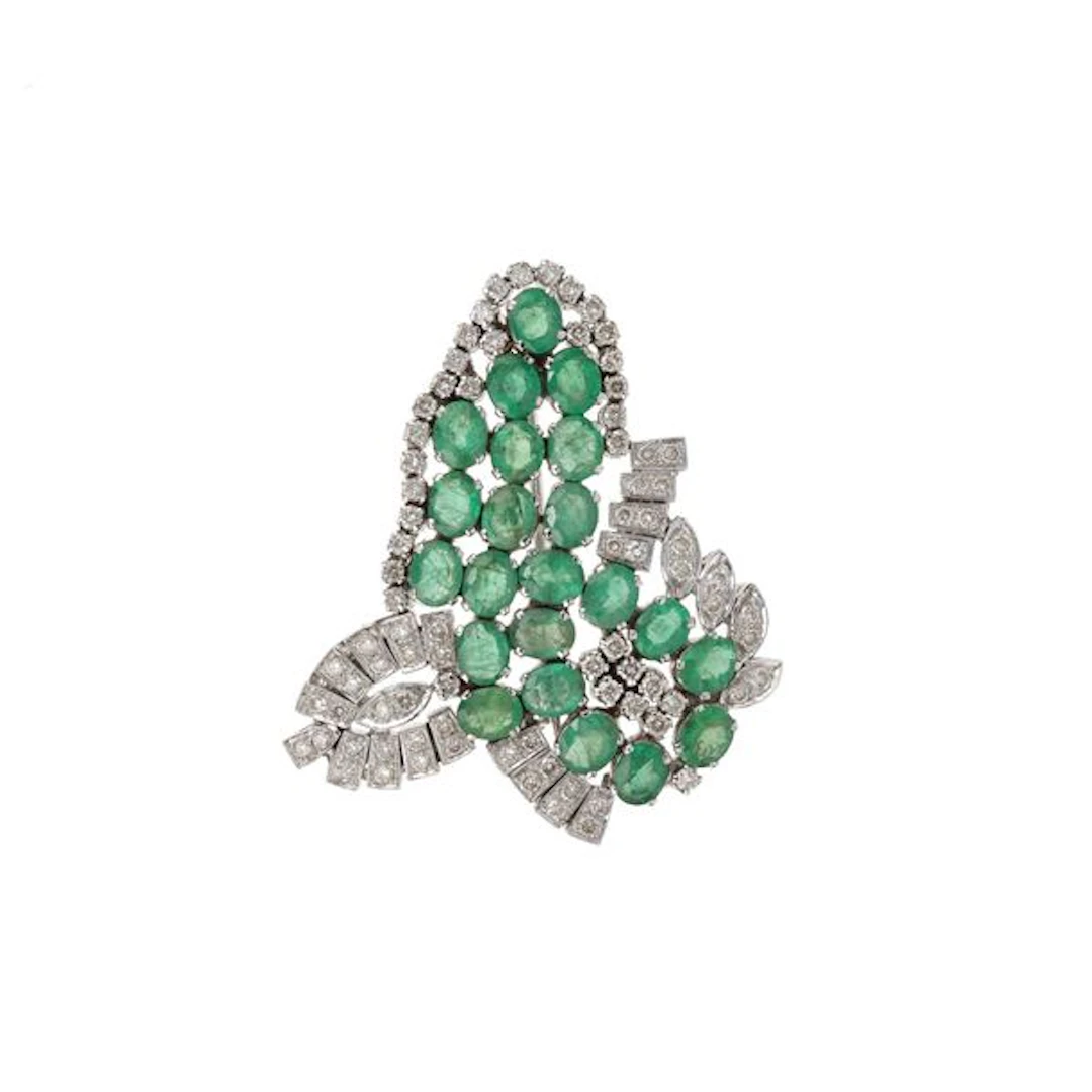 Emerald, diamond and gold brooch