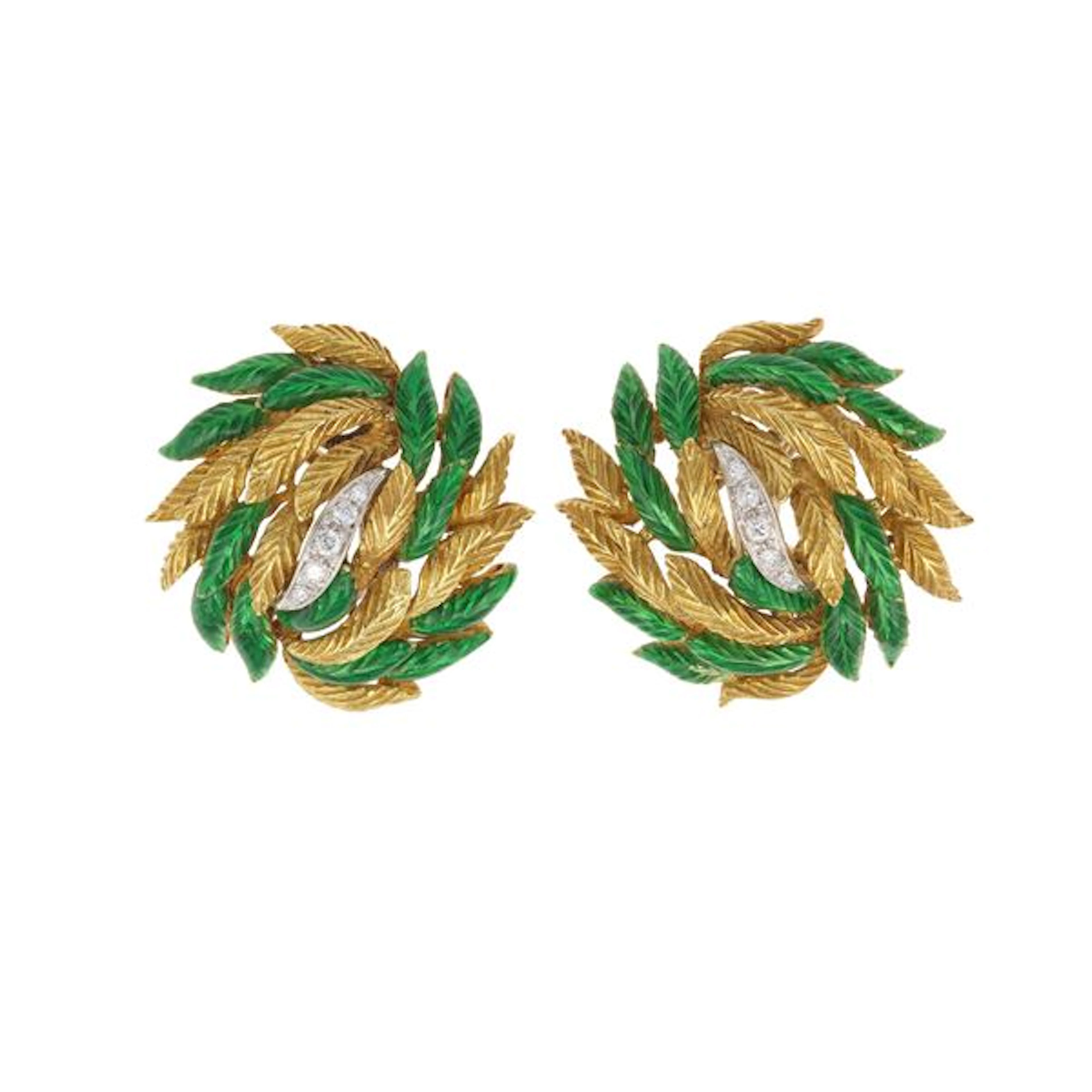 Pair of enamel, diamond and gold earrings. Lunati