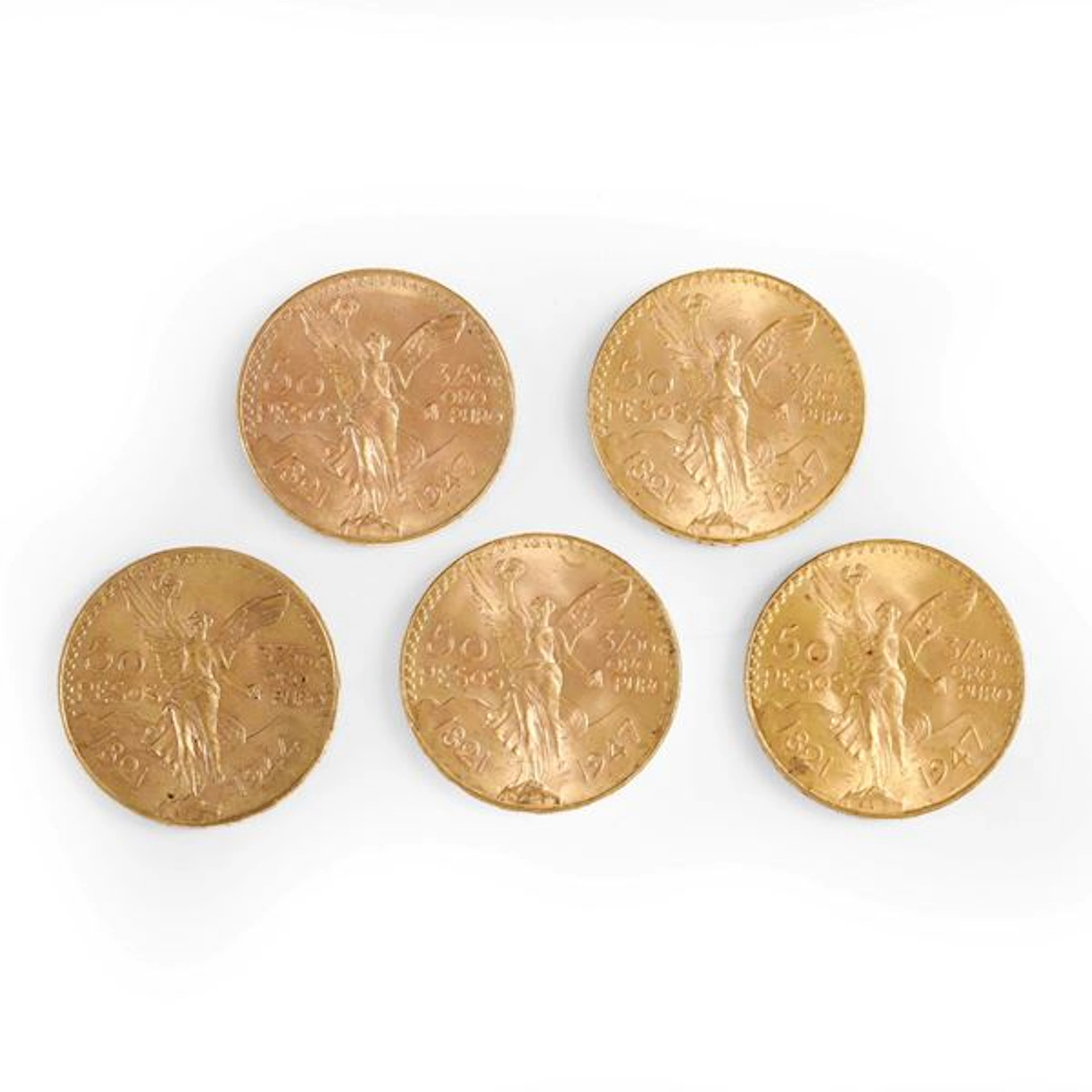 Cinque monete da 50 Pesos messicani in oro. 1944 e 1947