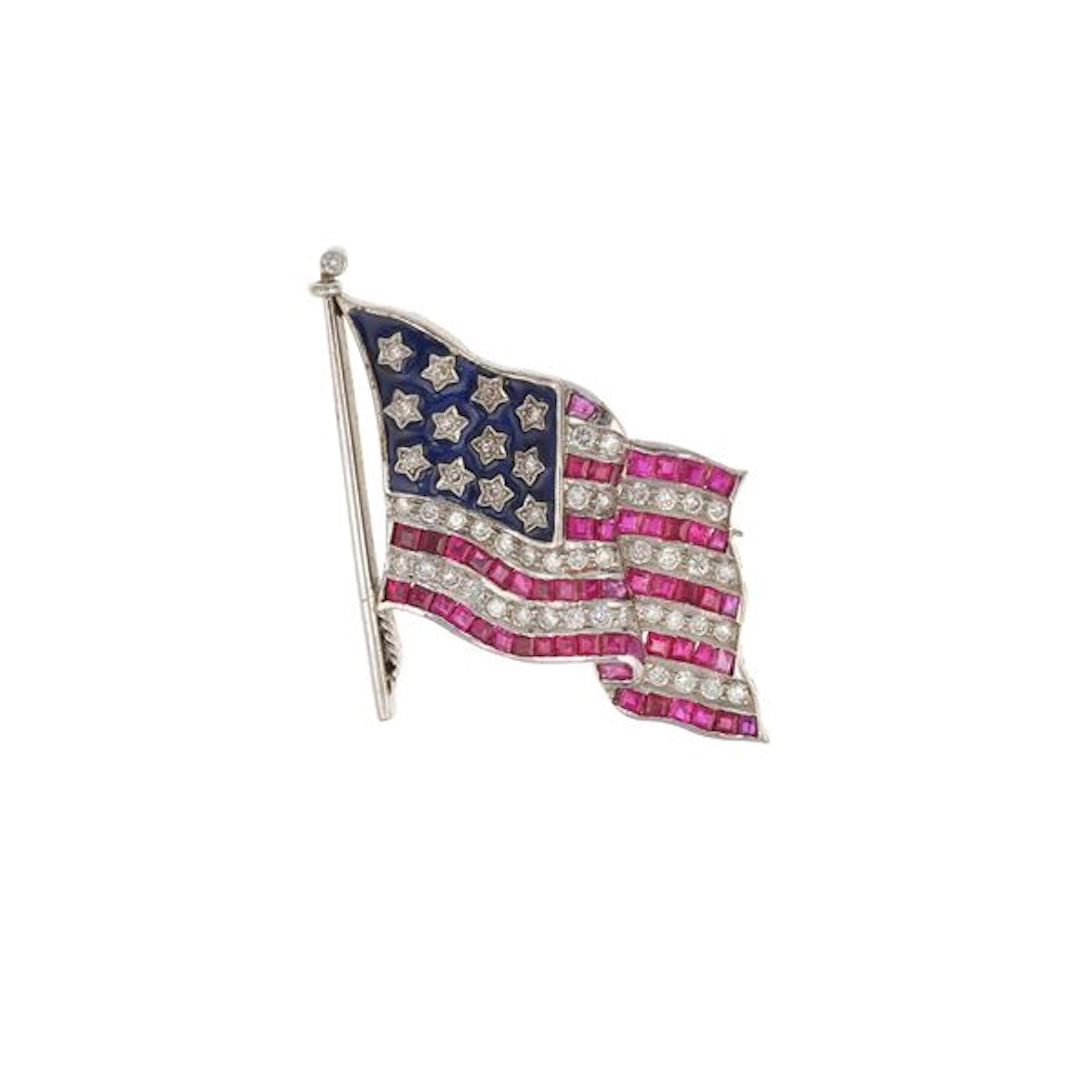 Diamond, enamel, ruby and gold "USA flag" brooch
