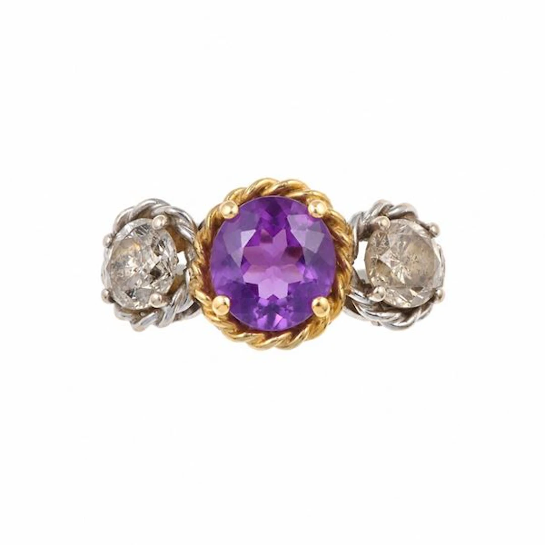 Amethyst, diamond and gold ring
