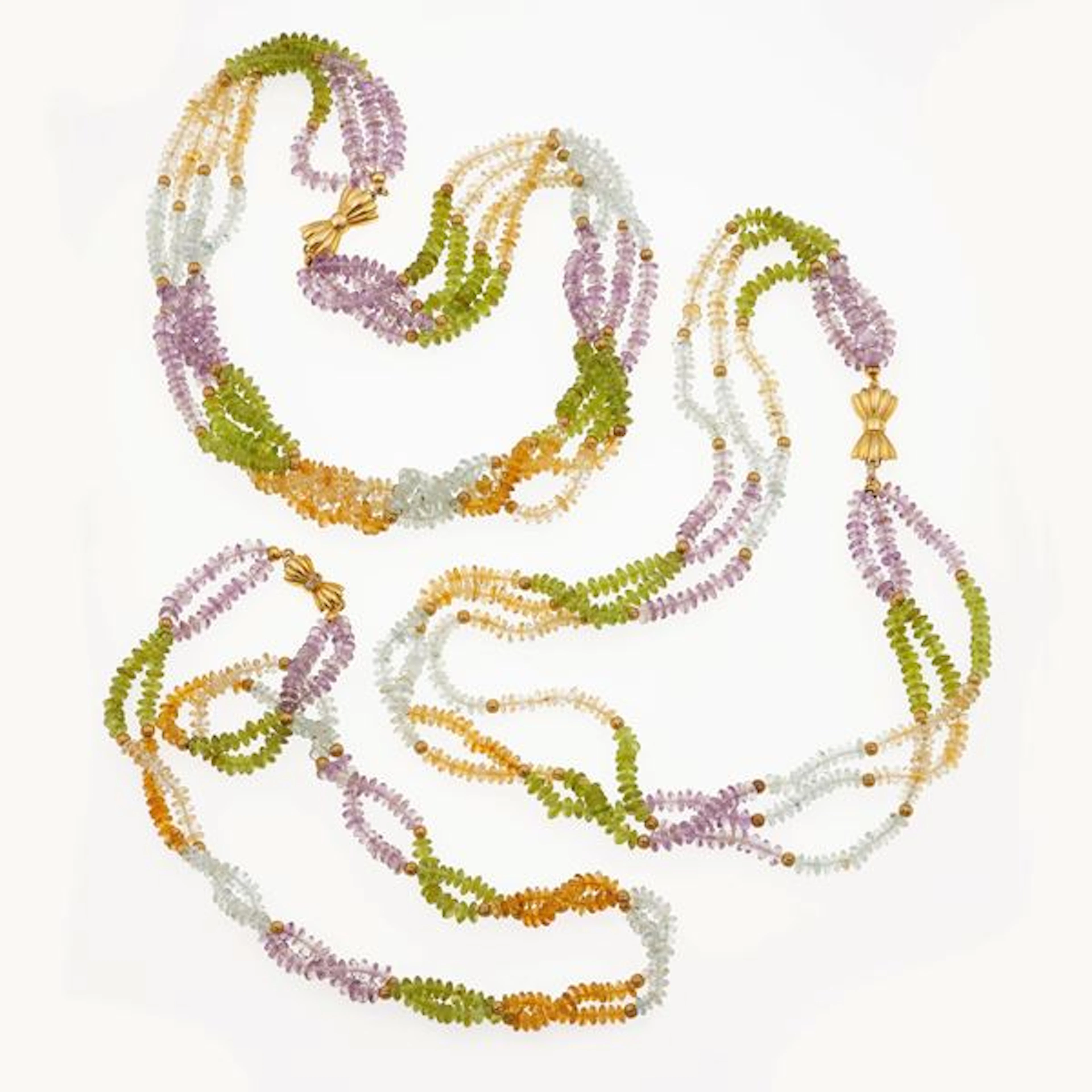 Three multicolor quartz and gold necklaces