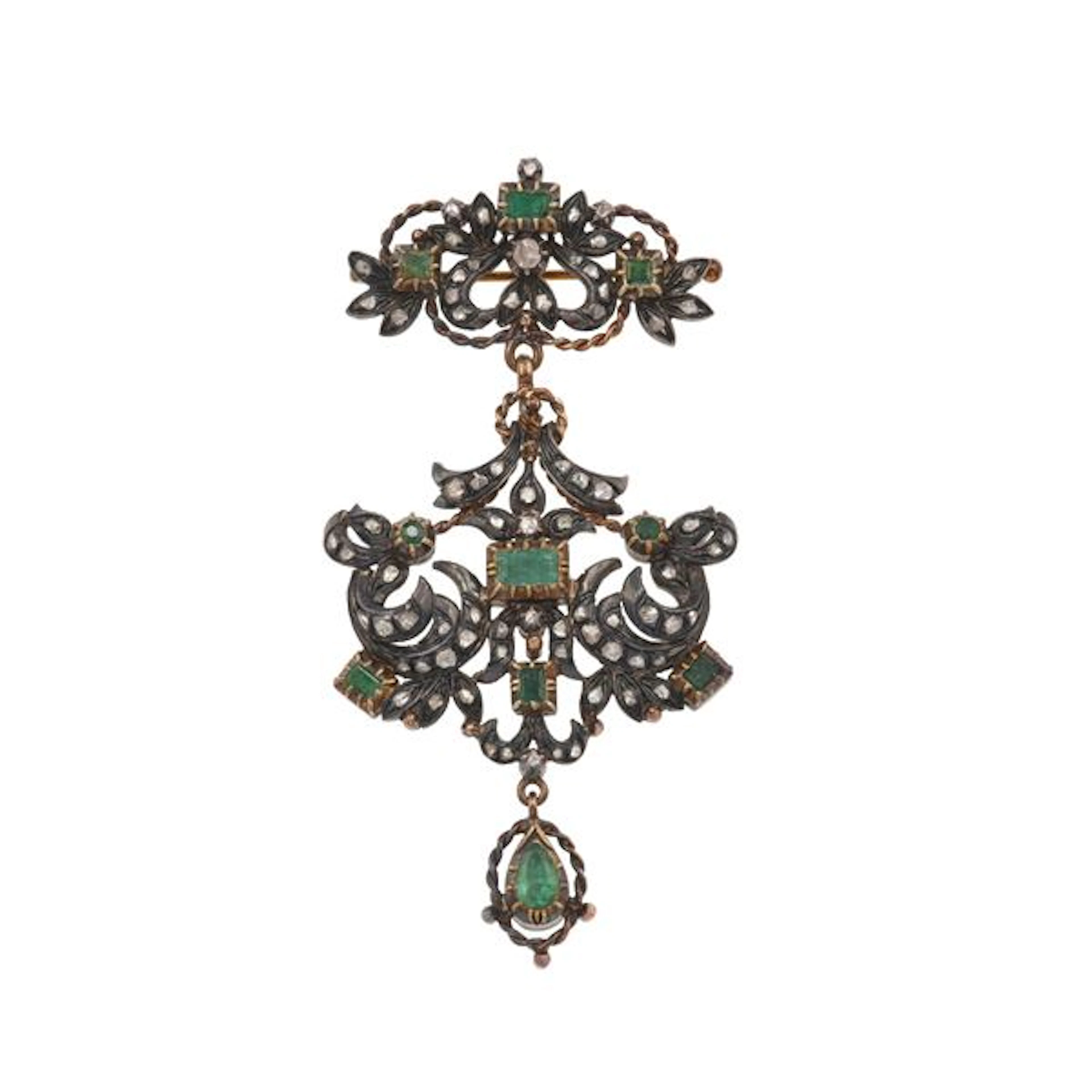 Rose-cut diamond, emerald, silver and low-karat gold brooch