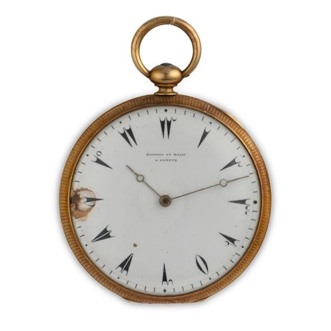 Orologio da tasca in oro 18k con cassa decorata e smaltata, quadrante