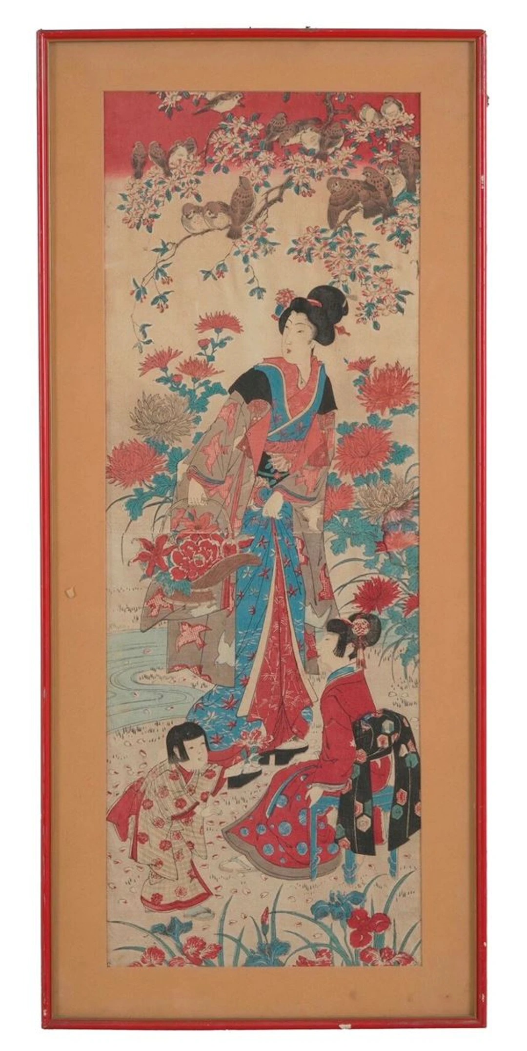 Dipinto raffigurante Geisha con bambini, Giappone, periodo Meiji (1868-1912)
