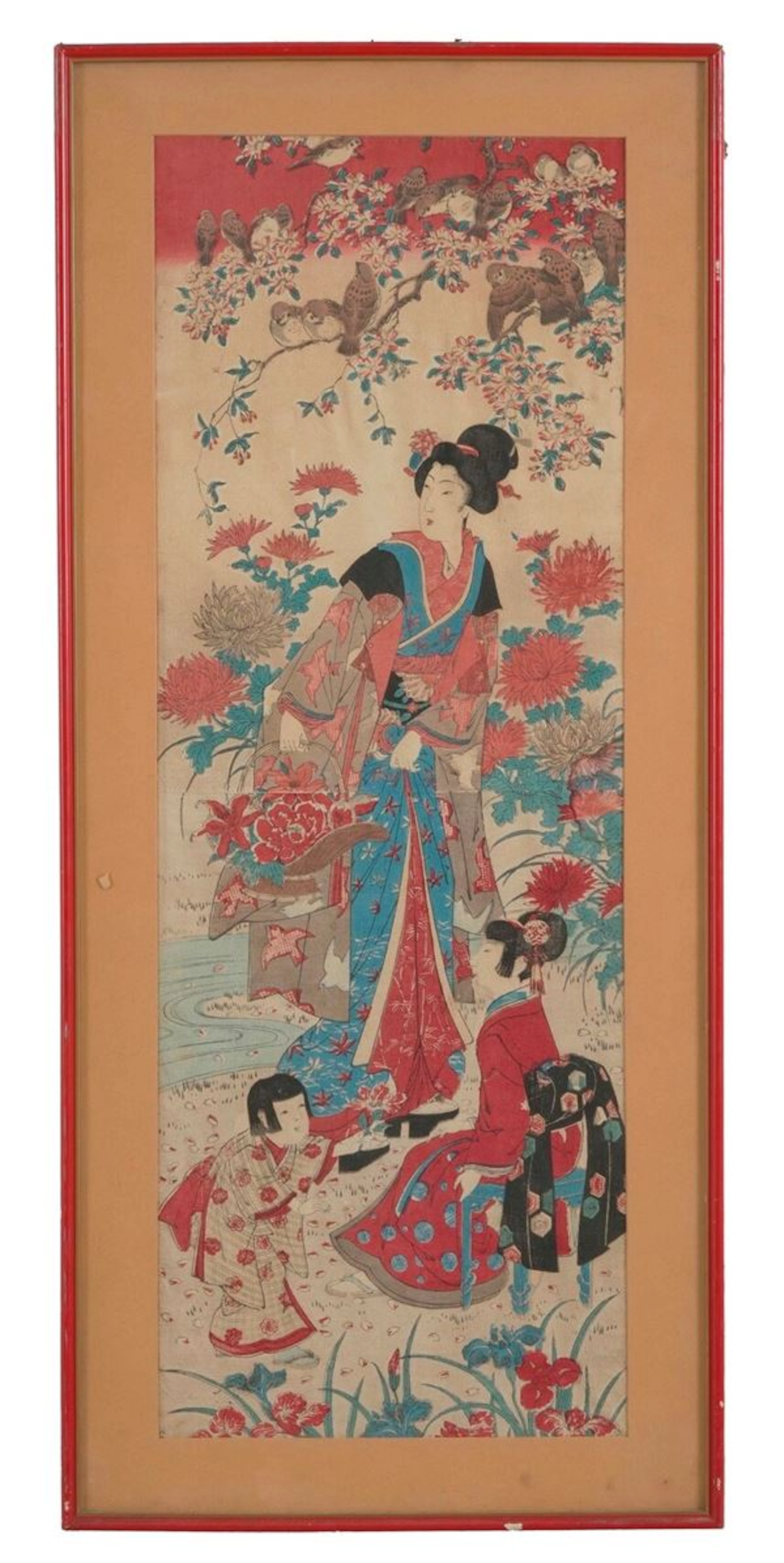 Dipinto raffigurante Geisha con bambini, Giappone, periodo Meiji (1868-1912)