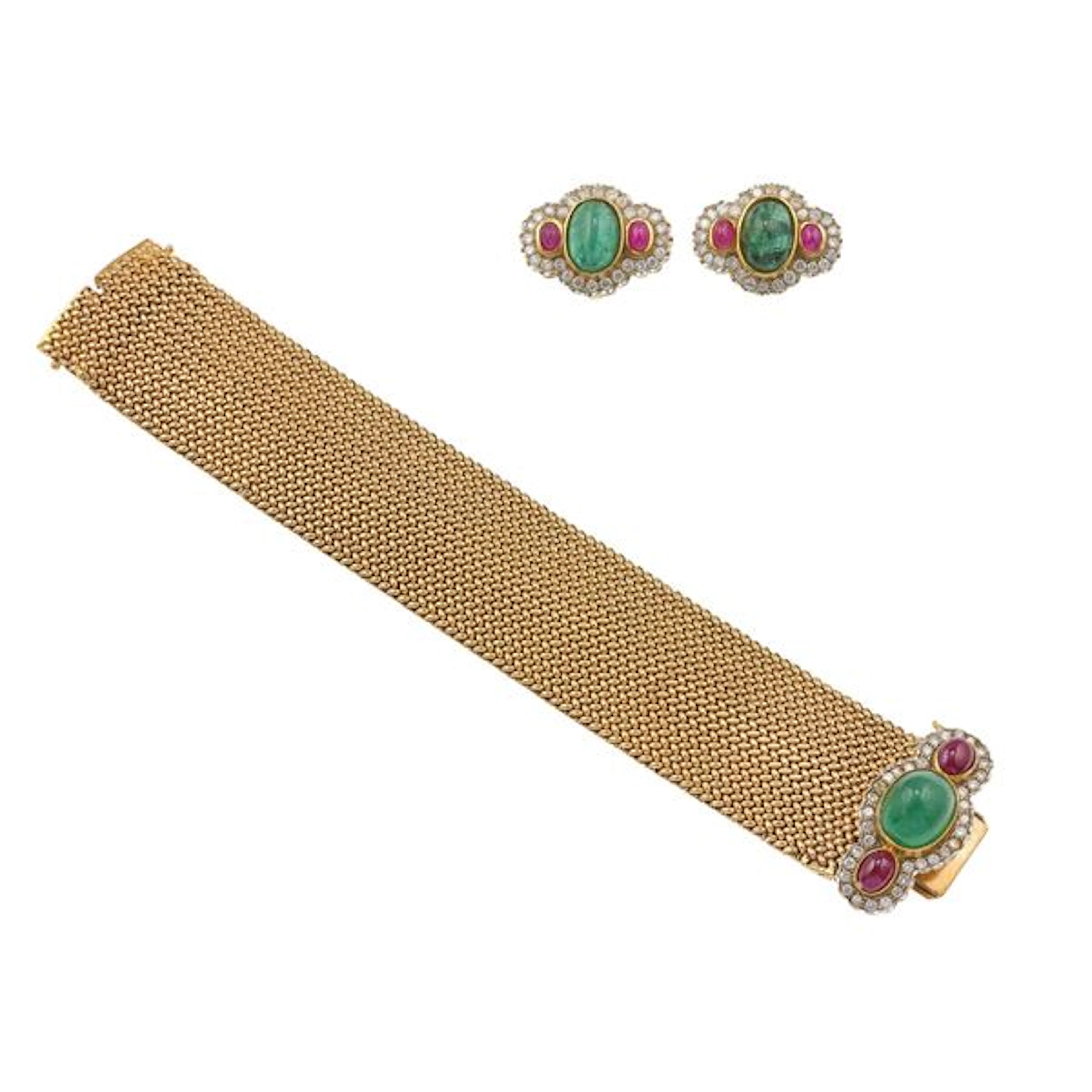 Emerald, ruby, diamond and gold demi-parure