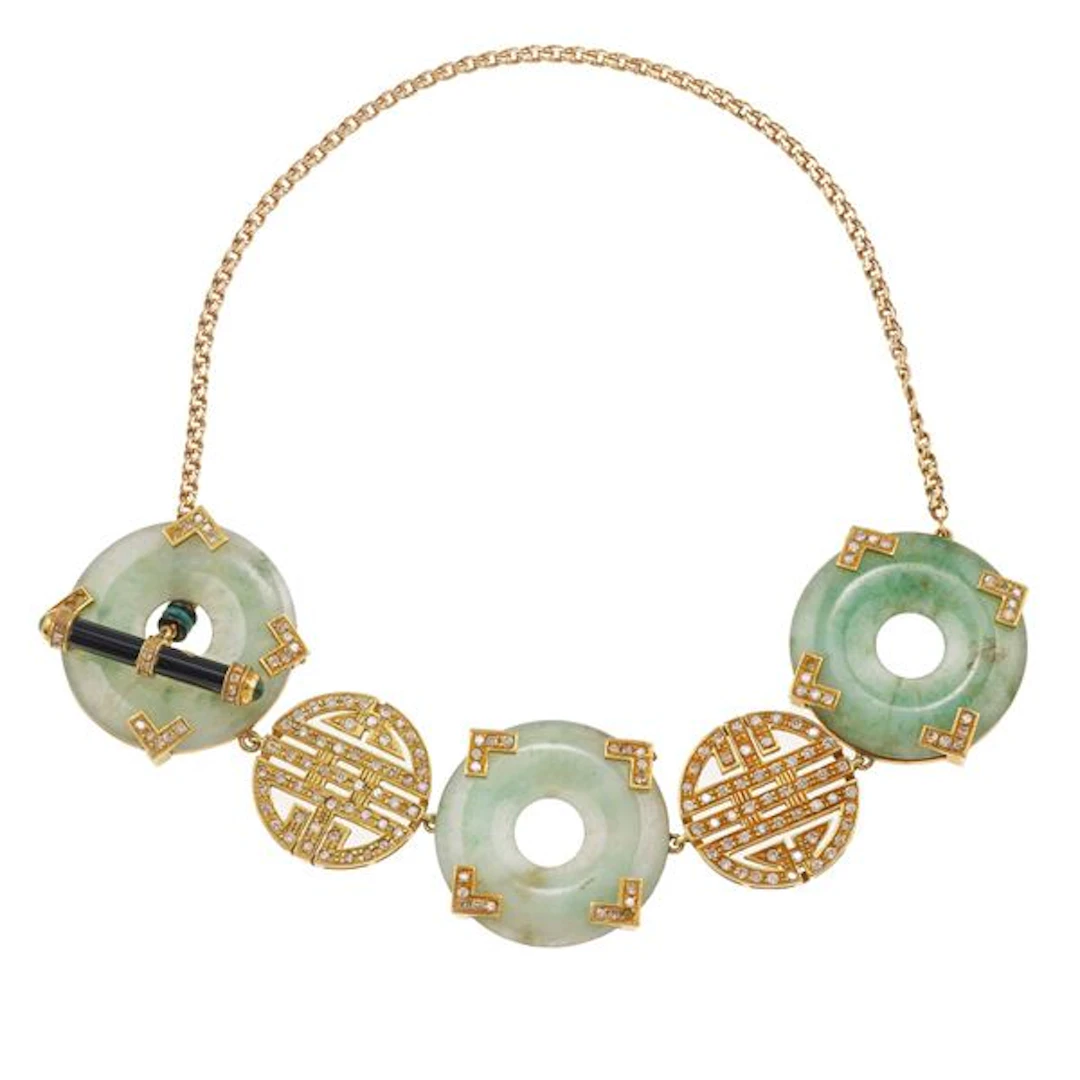 Jadeite, diamond and gold demi-parure