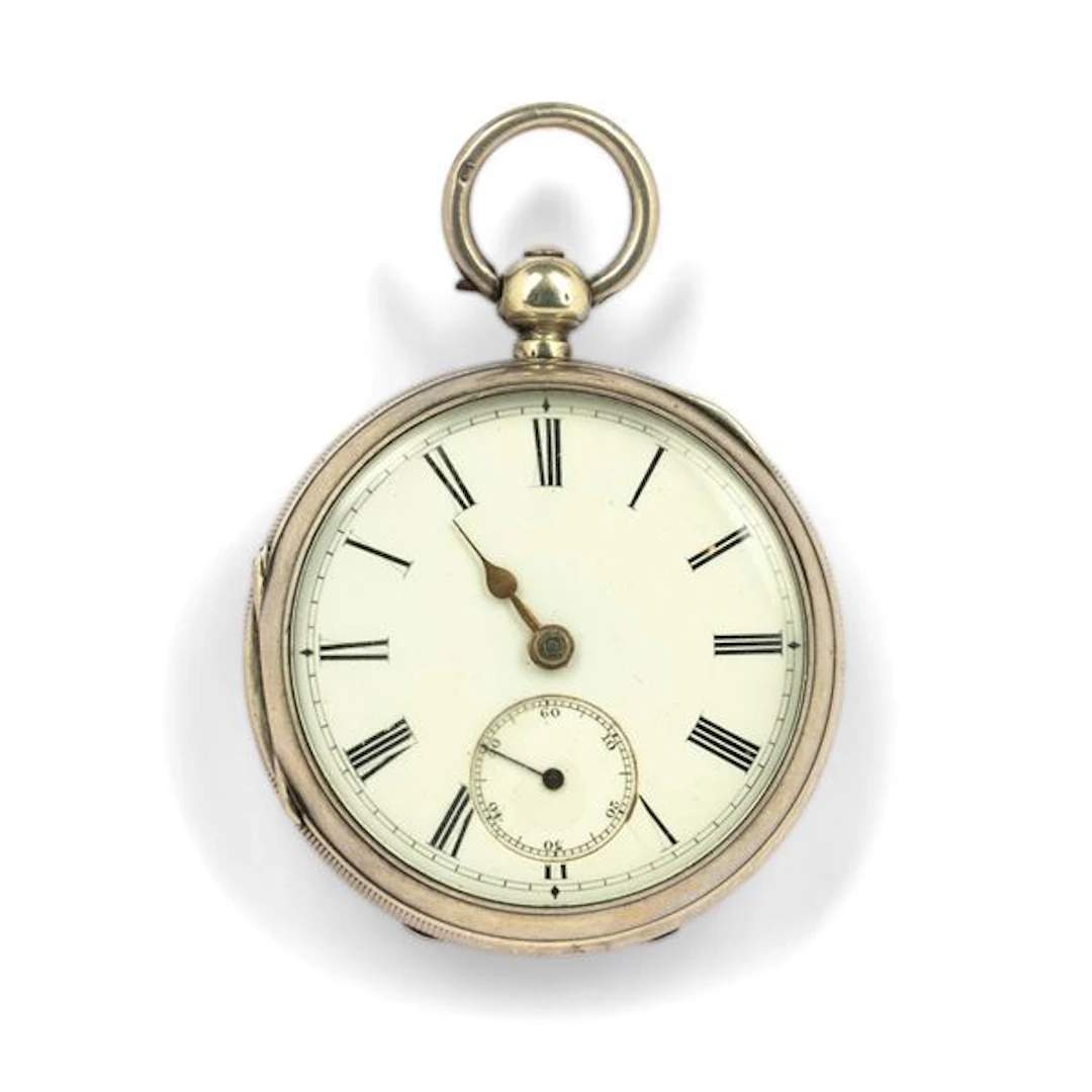 Orologio da tasca inglese in argento a ribaltina, quadrante bianco