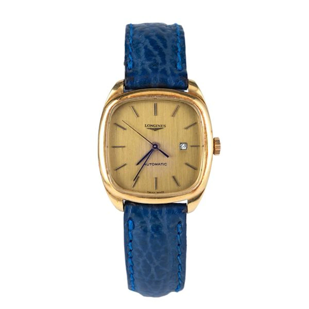 Carrè in oro giallo 18k, quadrante champagne con indici applicati