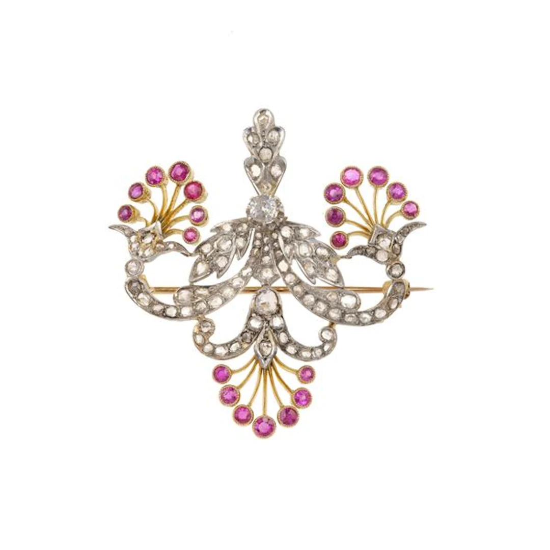 Old-cut dimaond, ruby and gold pendant/brooch