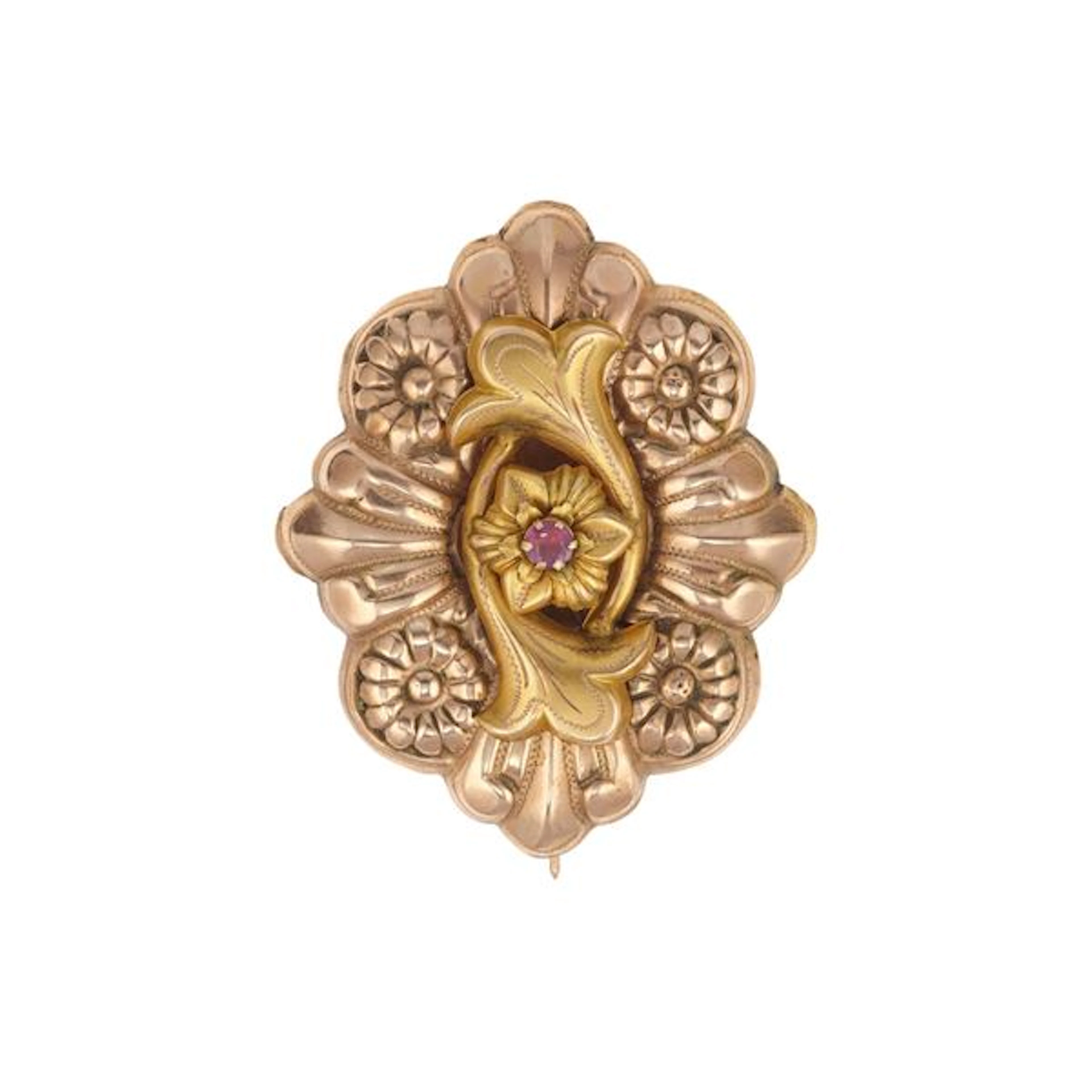 Ruby and low-karat gold brooch