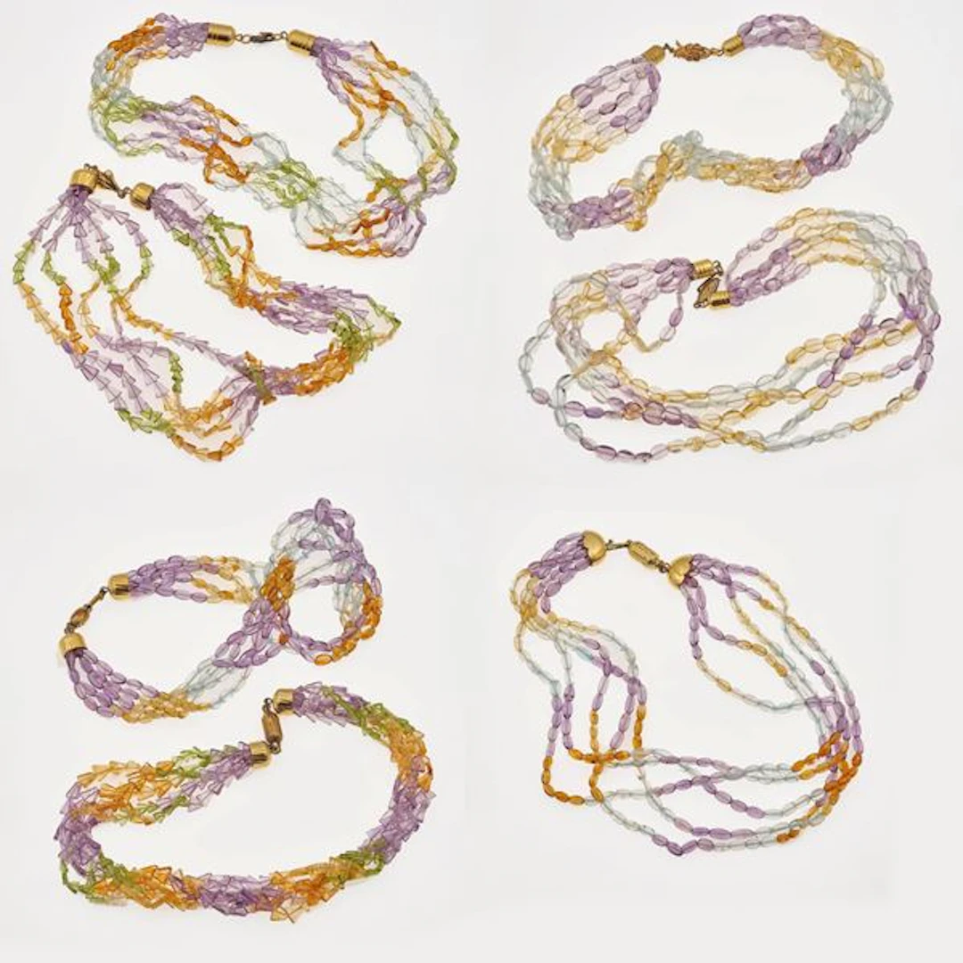 Seven multi-color quartz and silver necklaces