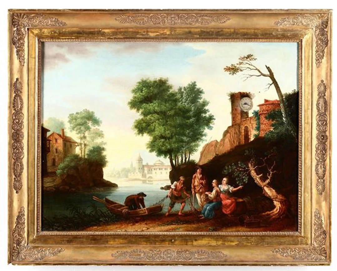 Orologio a quadro raffigurante paesaggio fluviale con figure ed architetture