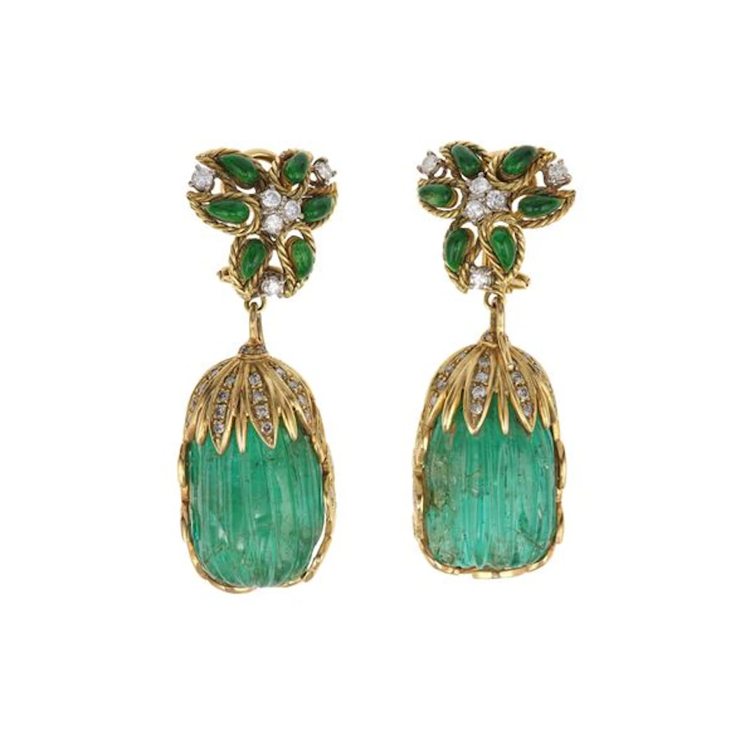 Pair of carved emerald, diamond, enamel and gold earrings. Detachable pendants