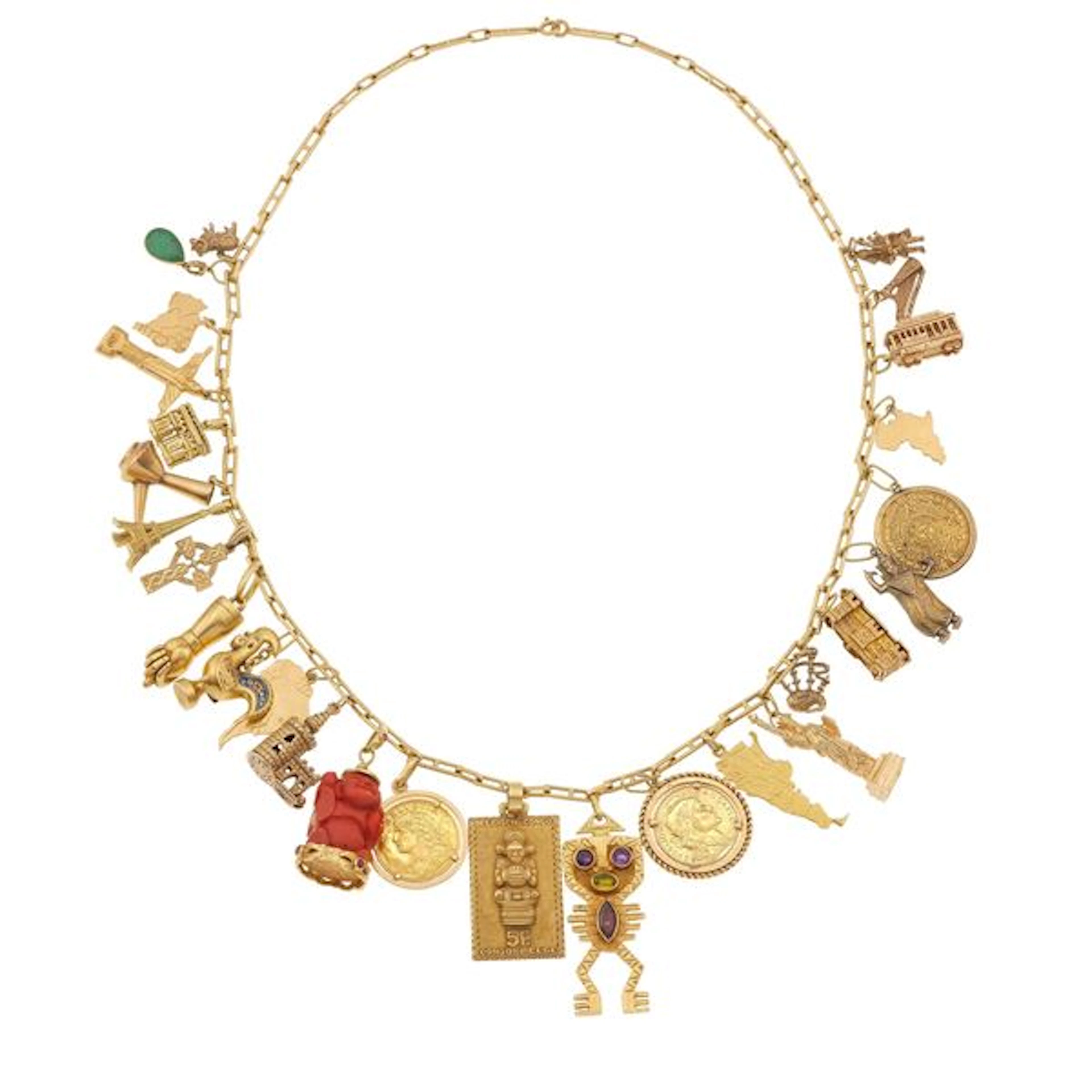 Gold, low-karat gold necklace with charms