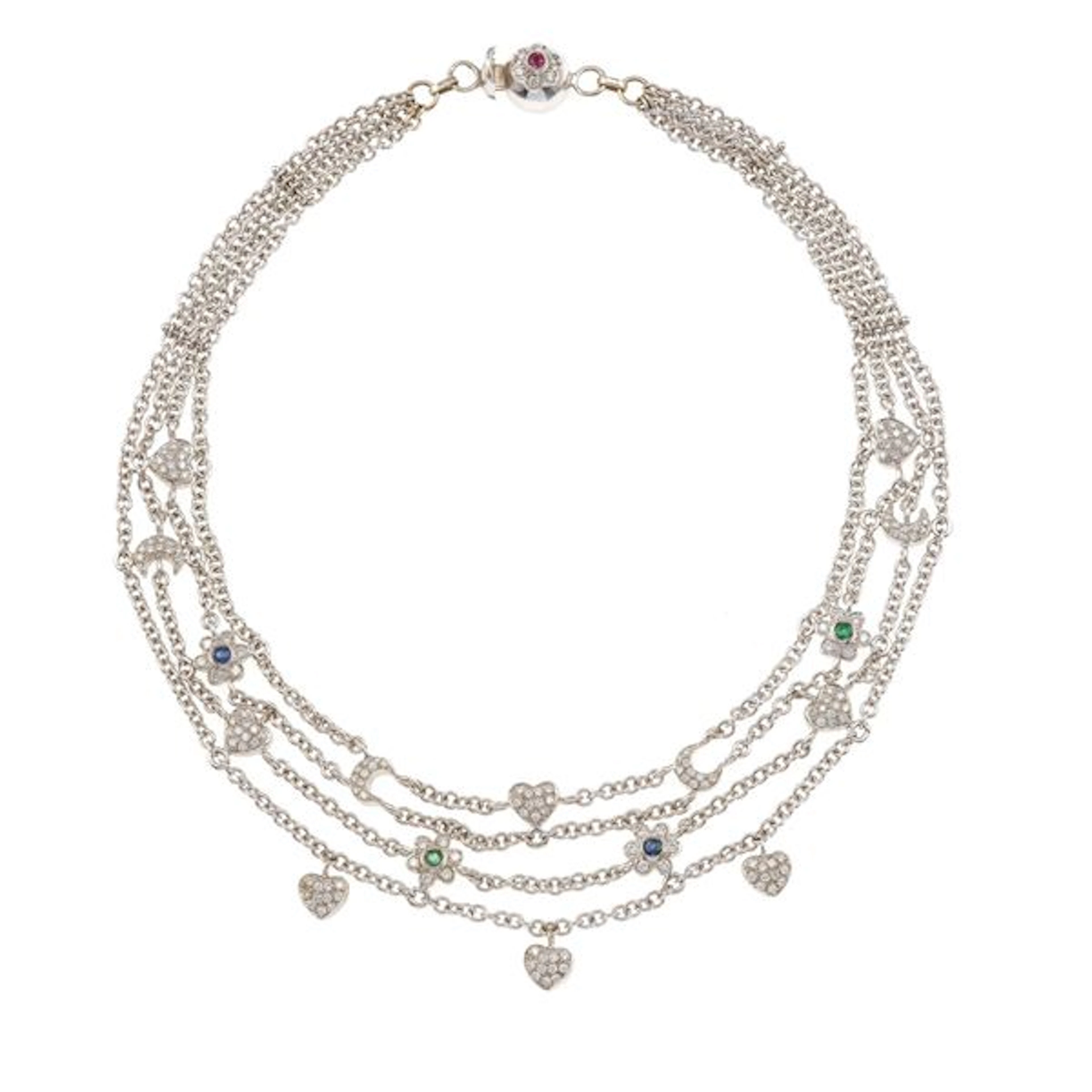 Diamond, emerald, sapphire and gold necklace