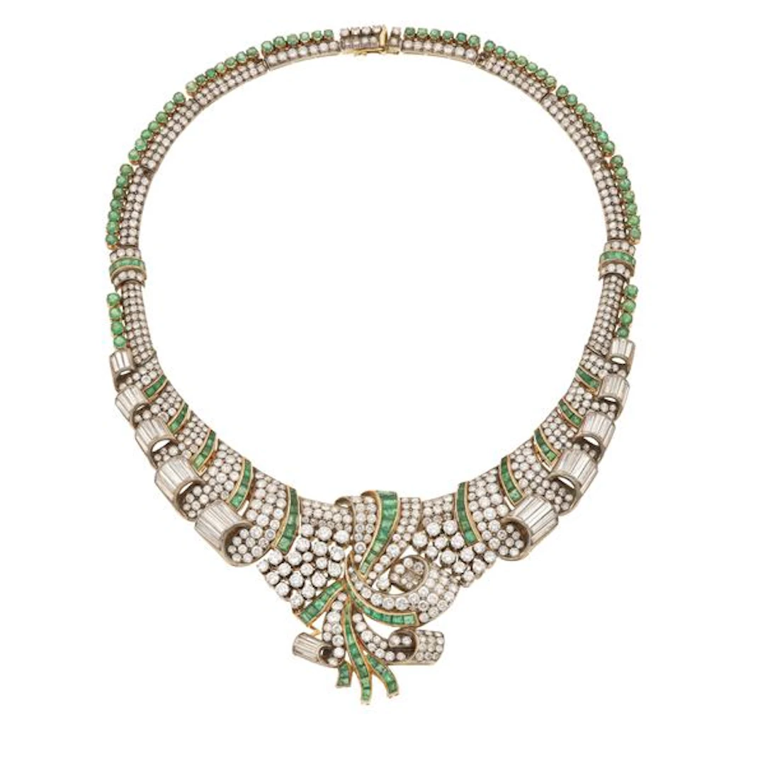 Diamond, emerald and gold necklace. Five missing diamonds