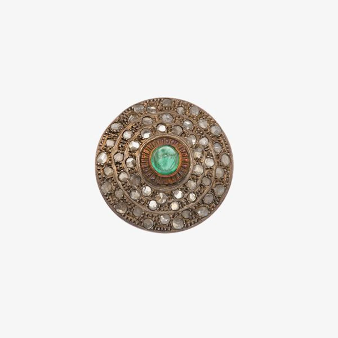 Emerald, rose-cut diamond, gold and silver ring