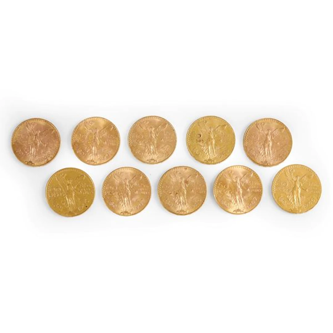 Dieci monete da 50 pesos messicani in oro. 1945, 1946 e 1947