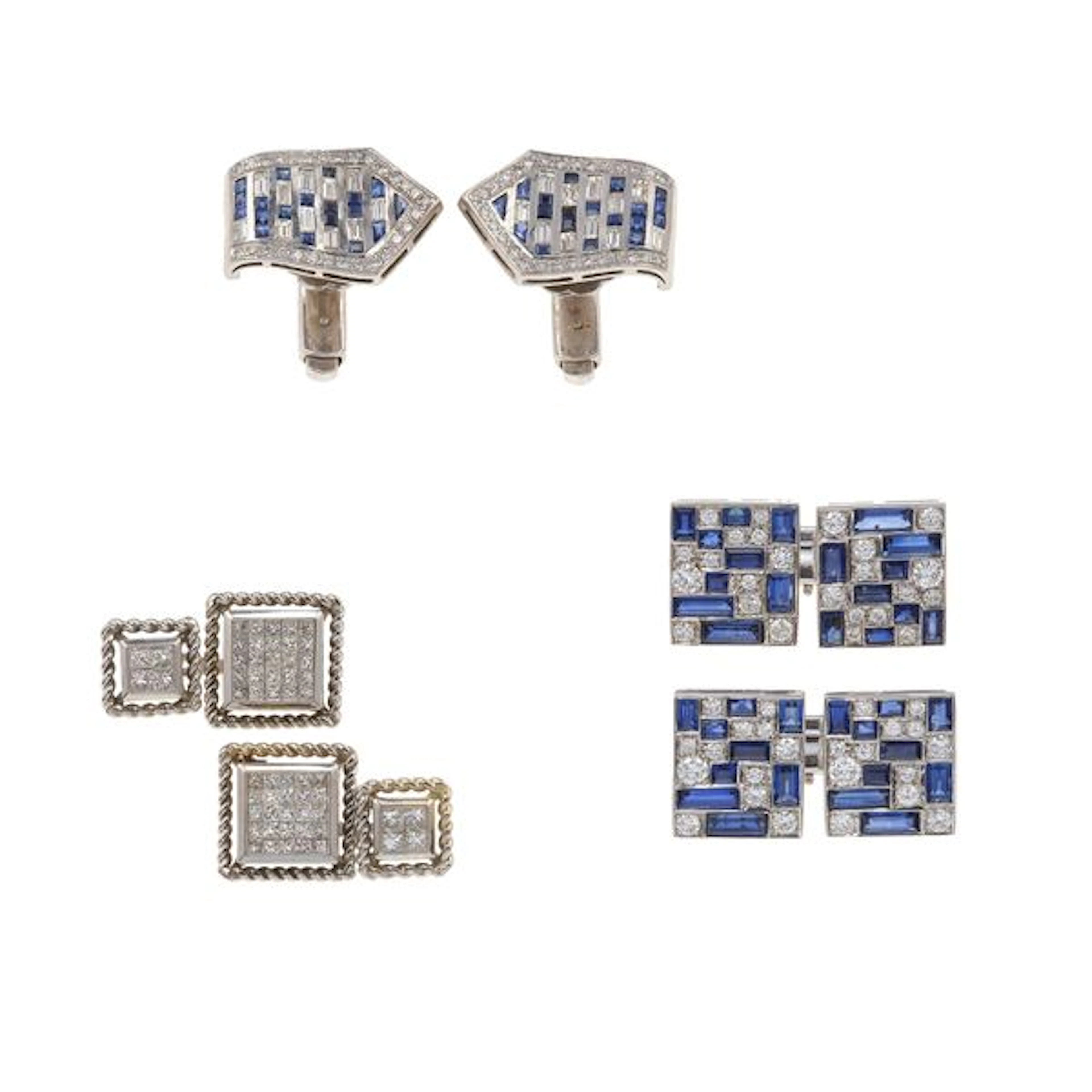 Three pairs of gold, diamond and sapphire cufflinks, one pair signed A. Reza