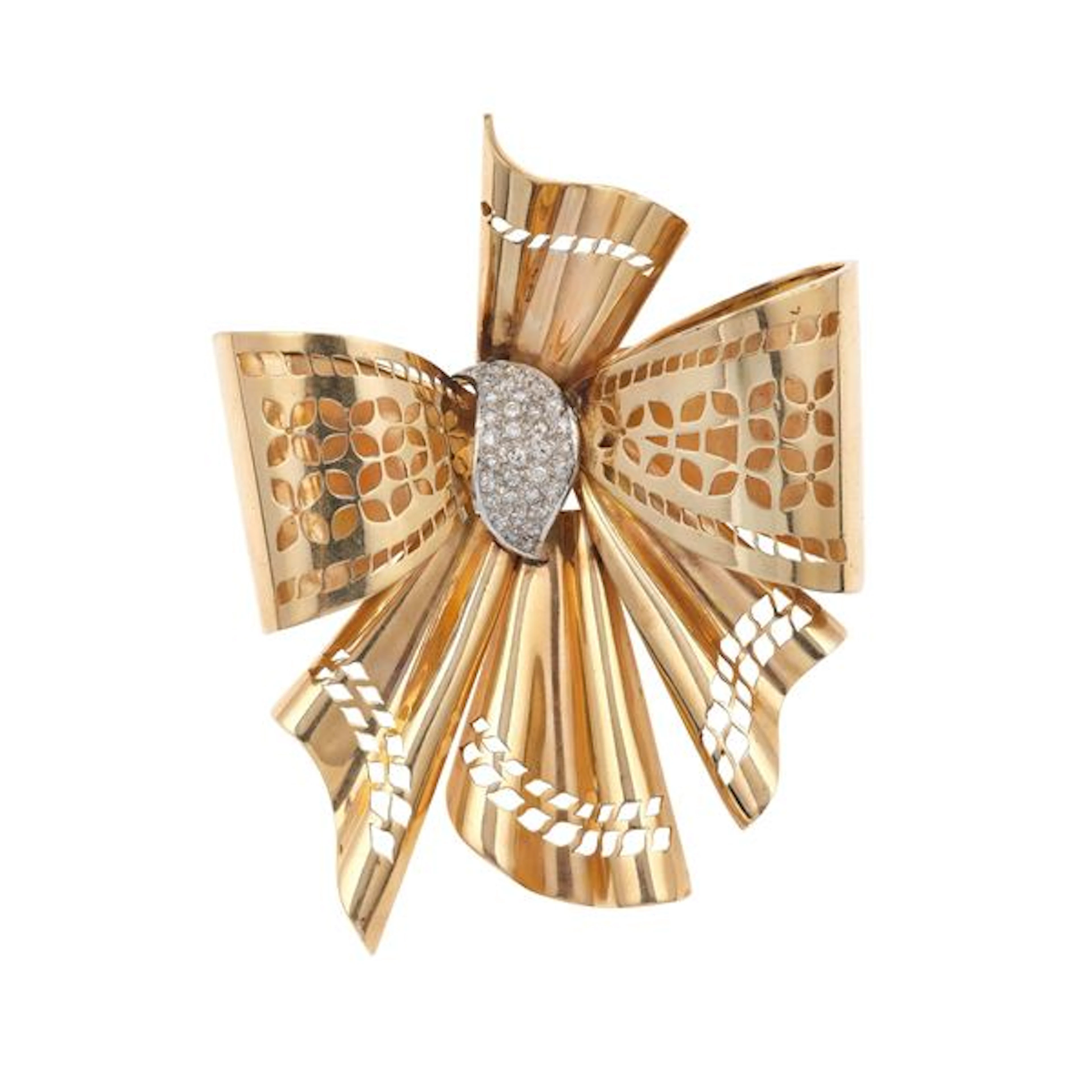 Diamond and low-karat gold bow brooch. Damages